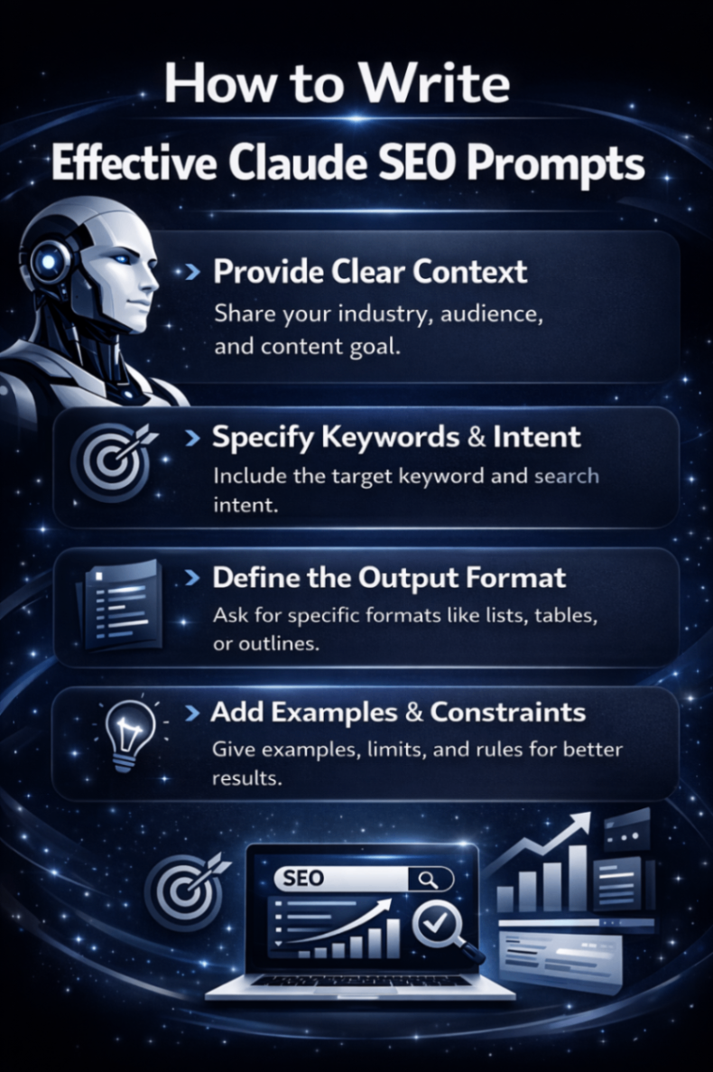 An Infographic on How to Write Effective Claude SEO Prompts.