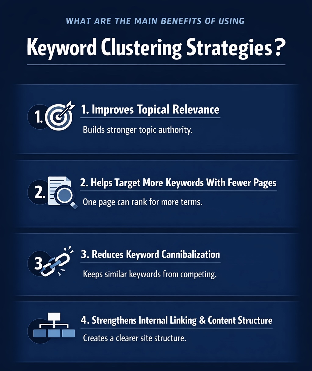 An Infographic on What Are The Main Benefits Of Using Keyword Clustering Strategies.