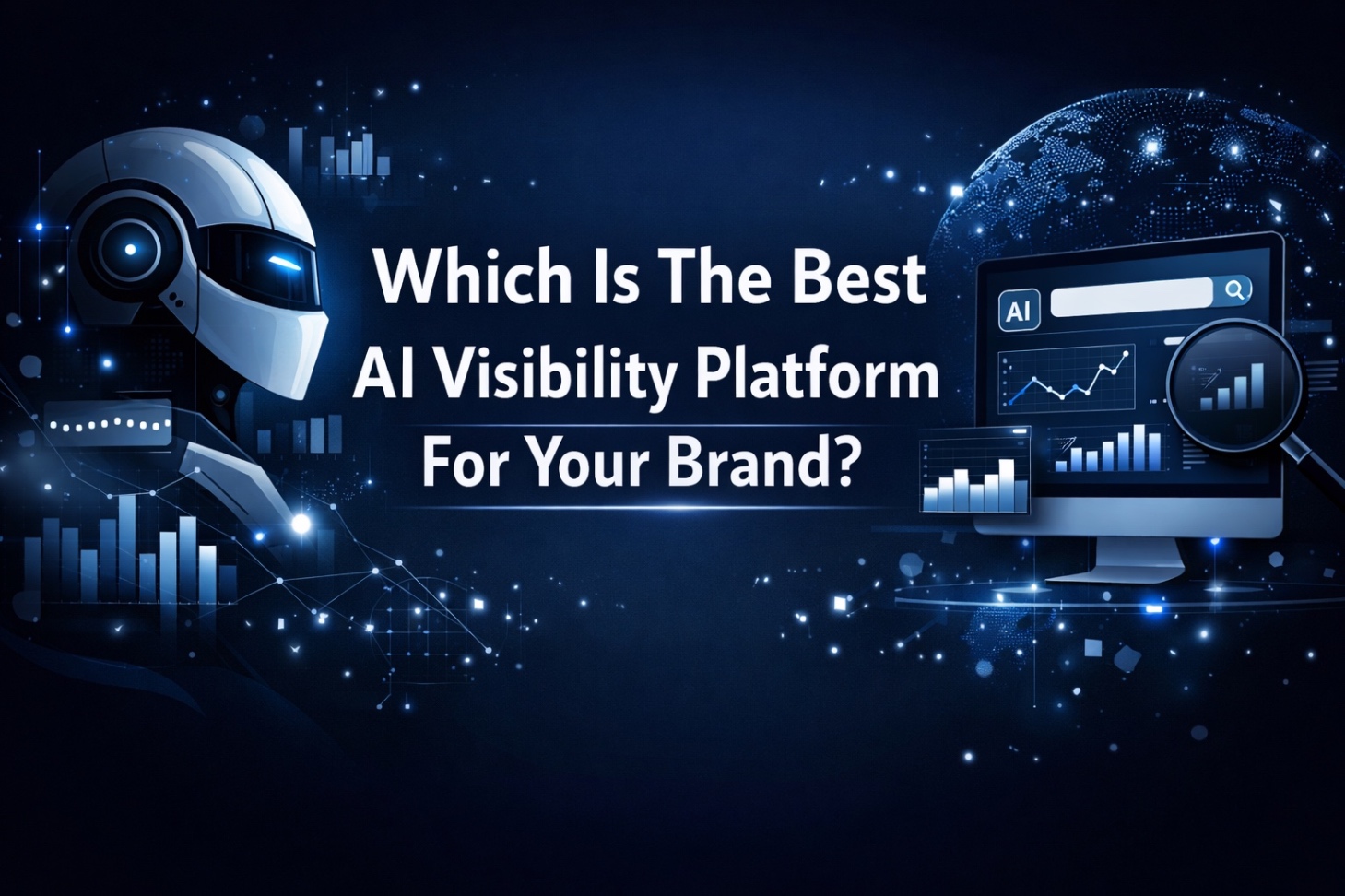 AI visibility platform comparison banner with analytics dashboard and AI search graphics.