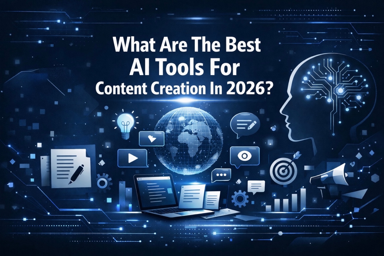 AI tools for content creation 2026 banner with digital globe and AI brain on dark blue background