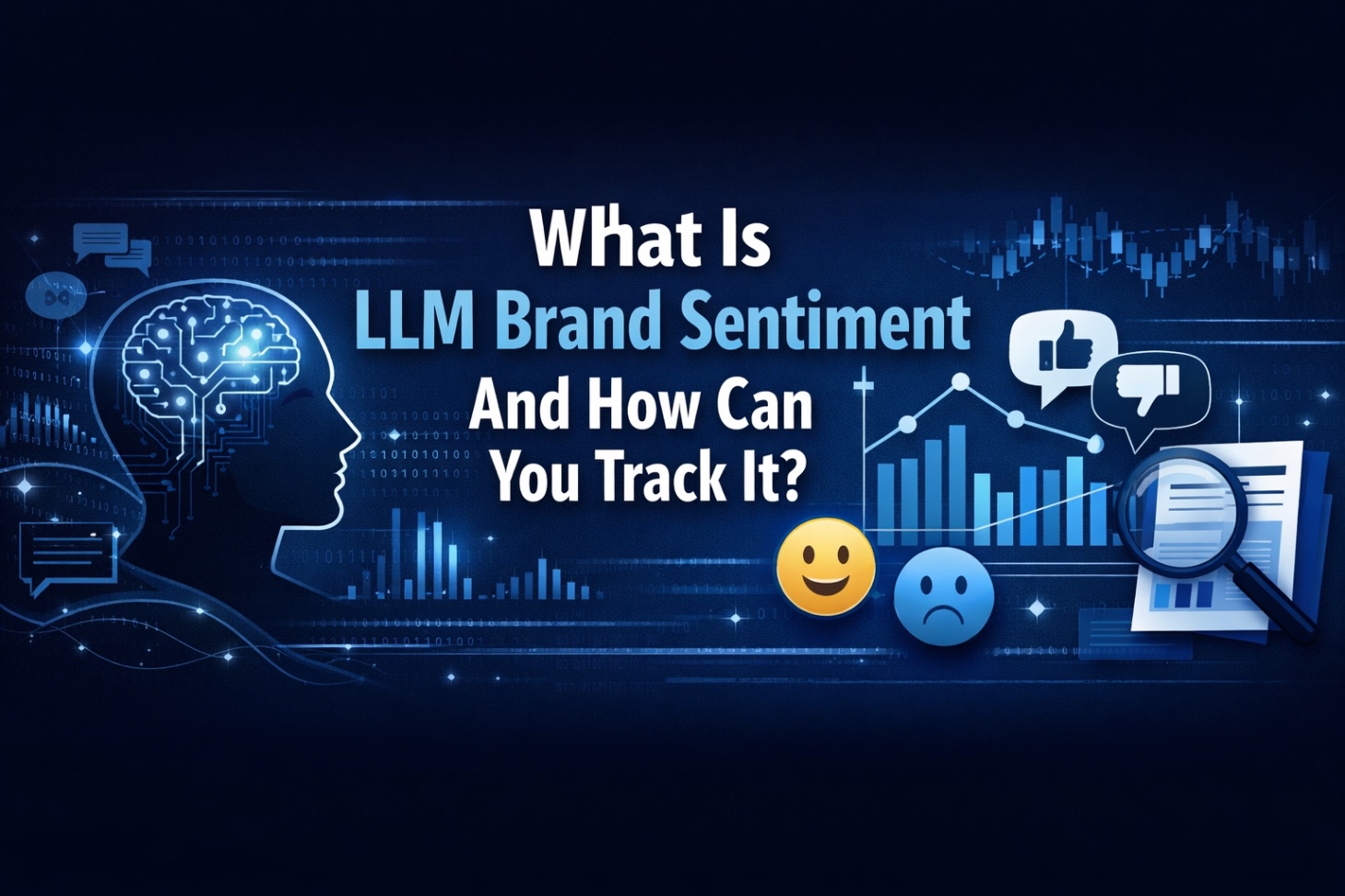 LLM brand sentiment tracking banner with AI, charts, and sentiment icons.
