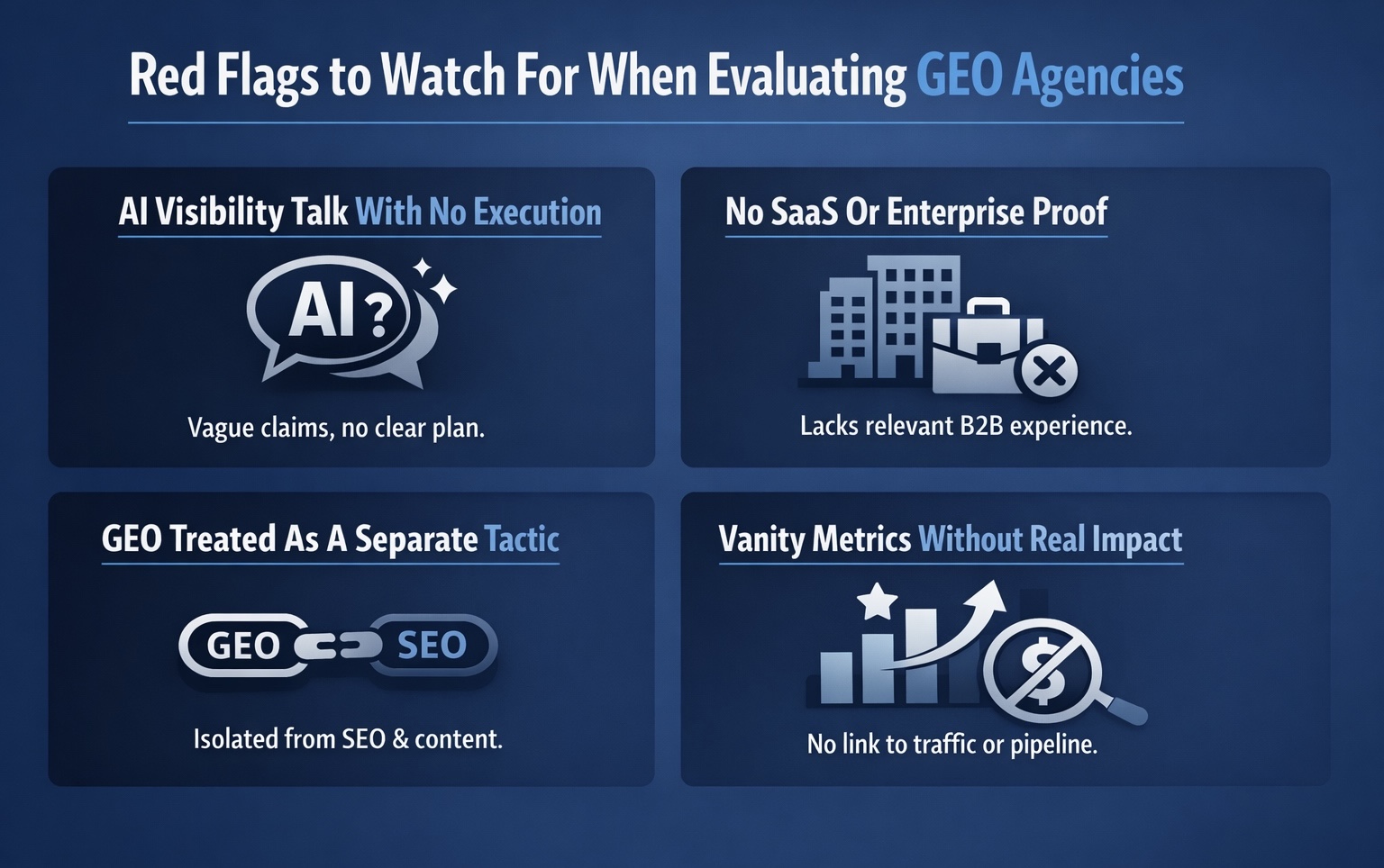An infographic on What Red Flags Should You Watch For When Evaluating GEO Agencies.