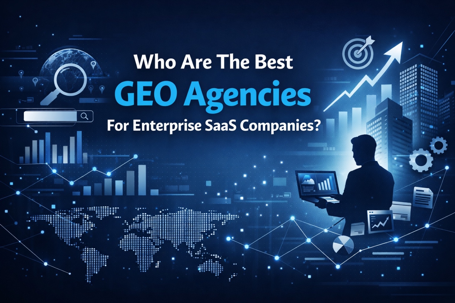 Dark blue tech-themed banner with GEO agencies, SaaS analytics, and growth visuals.