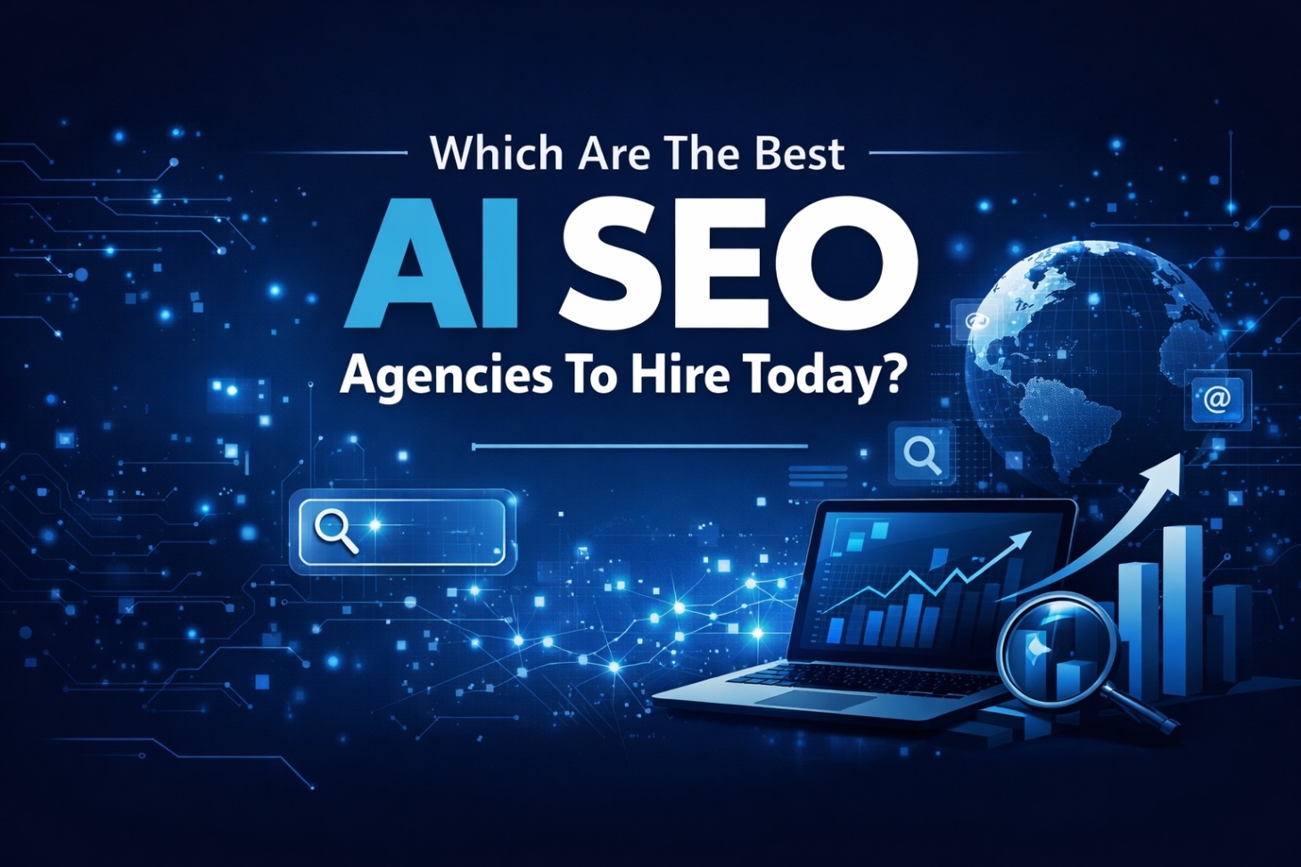 AI SEO agencies banner with laptop, growth chart, and digital globe on dark blue background