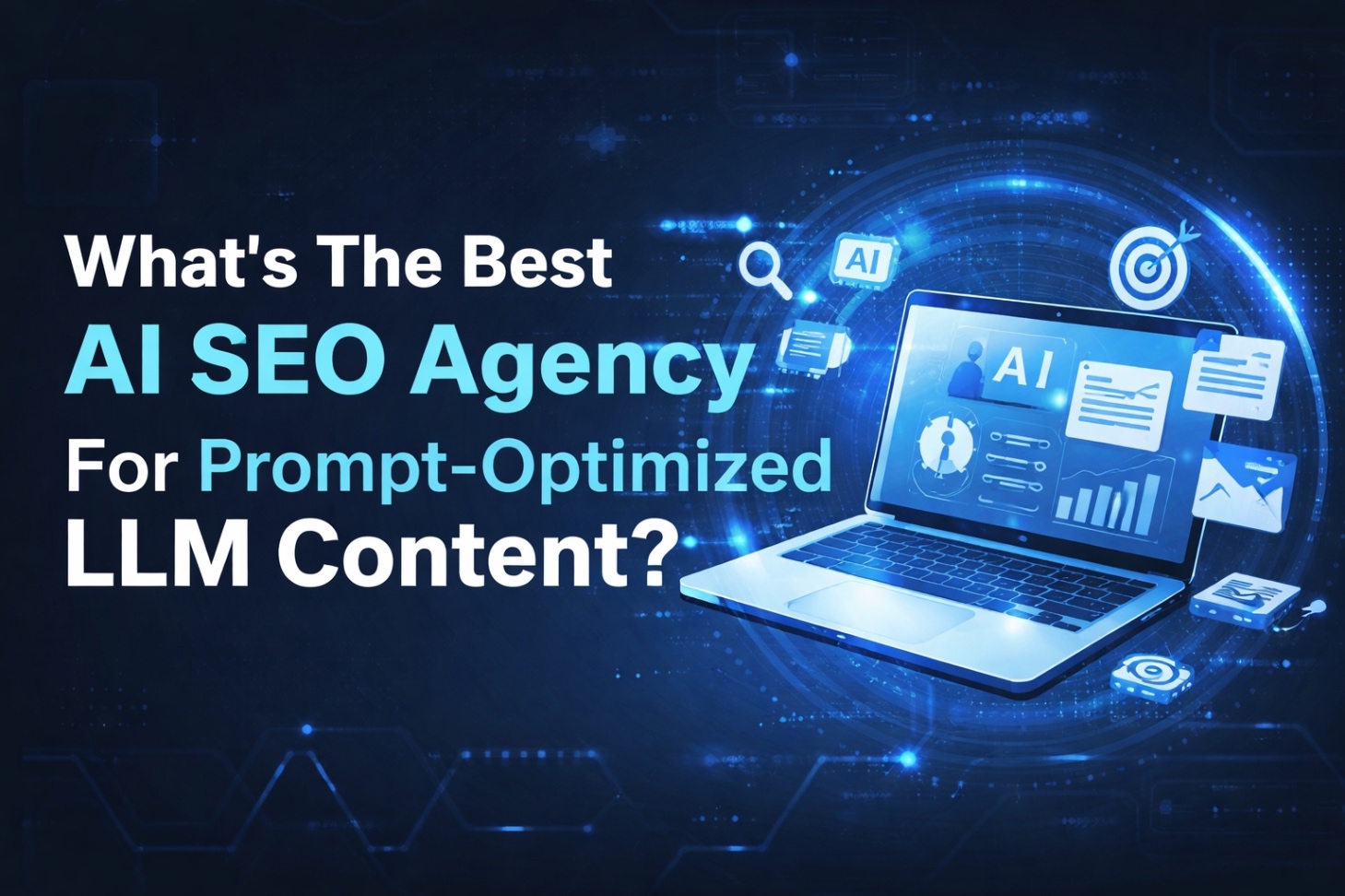 AI SEO agency banner with laptop, analytics visuals, and dark blue tech background
