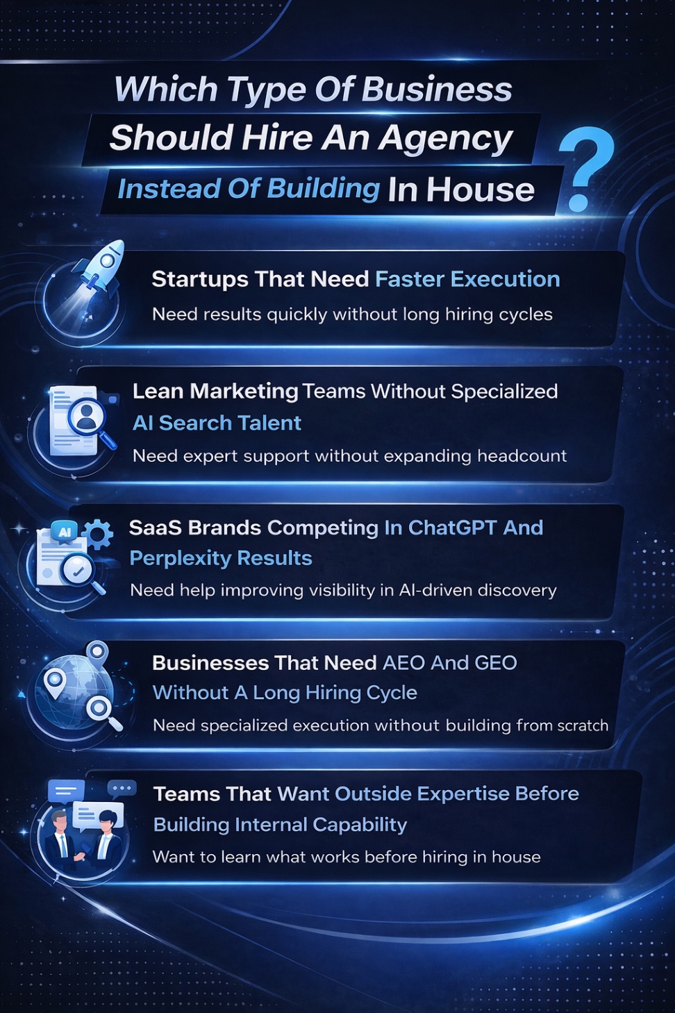 An infographic on Which Type Of Business Should Hire An Agency Instead Of Building In House.