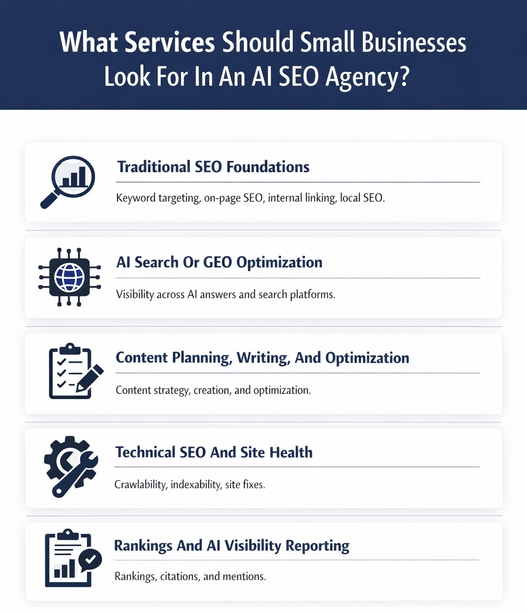 An Infographic on What Services Should Small Businesses Look For In An AI SEO Agency.