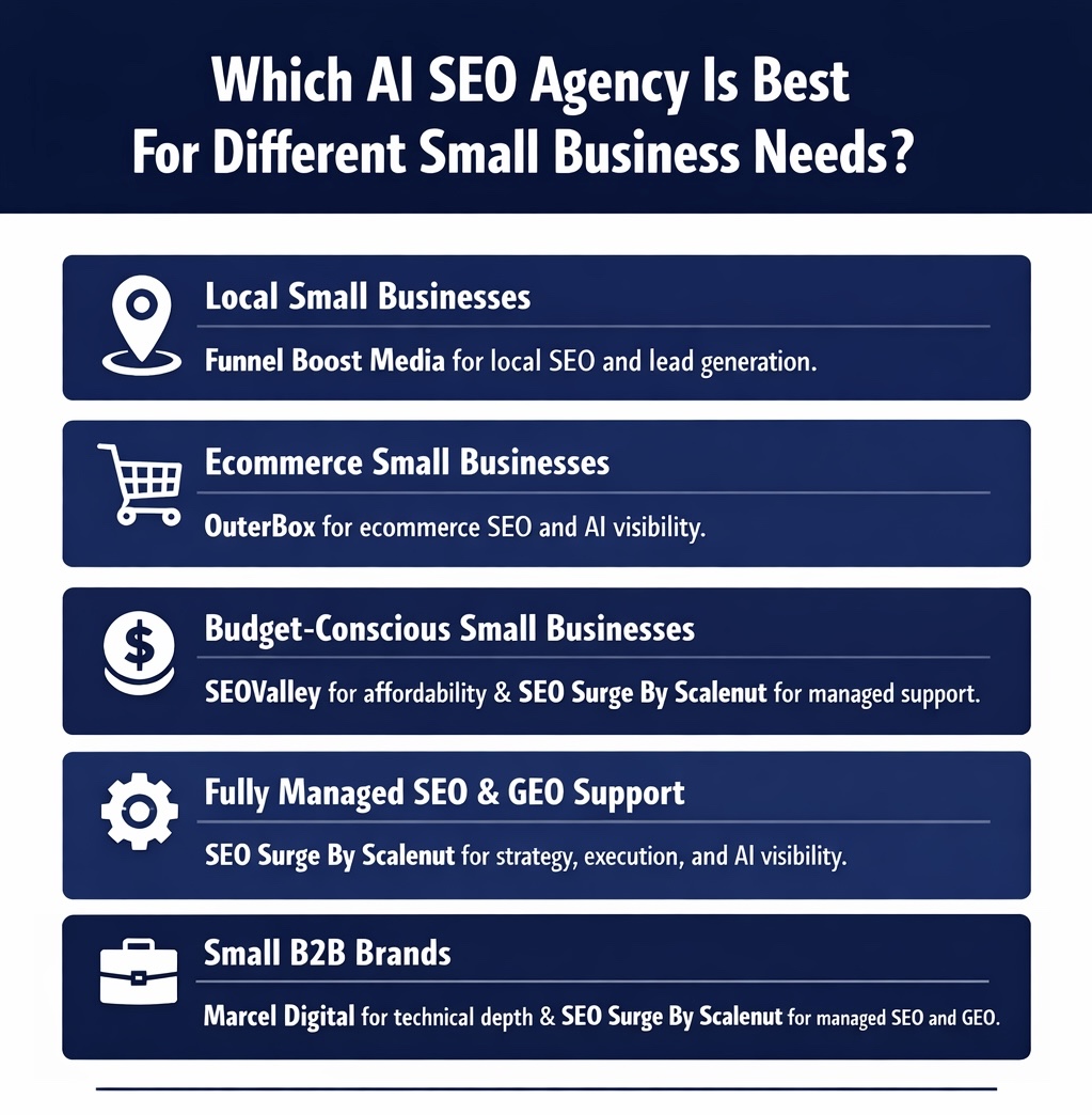 An Infographic on Which AI SEO Agency Is Best For Different Small Business Needs. 