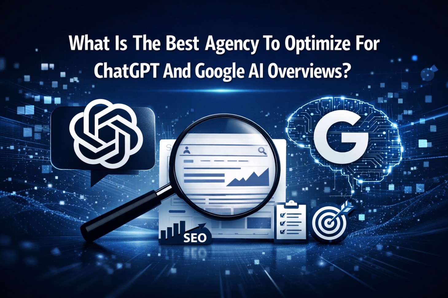 Banner showing SEO analytics with ChatGPT and Google AI Overviews theme