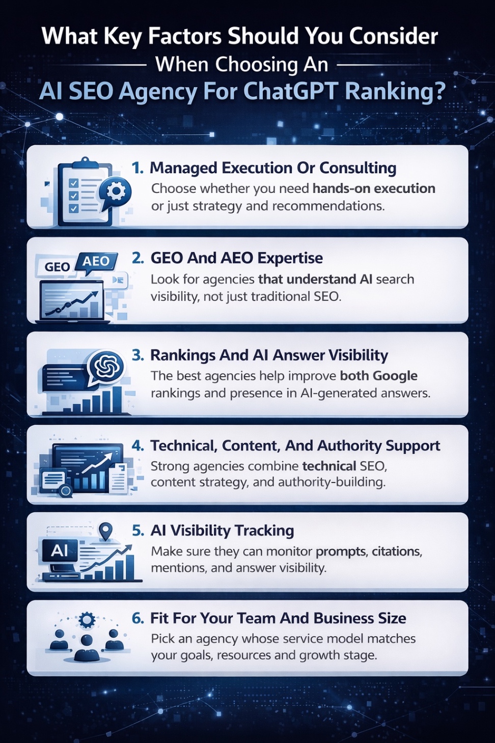An Infographic on What Key Factors Should I Consider When Choosing an AI SEO Agency for ChatGPT Ranking.