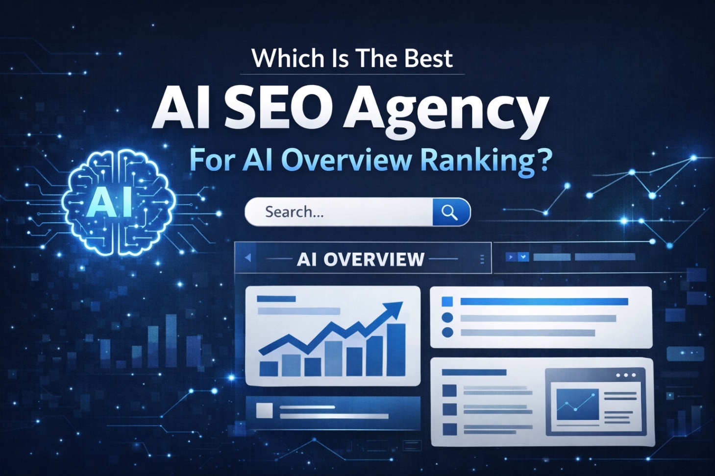 Best AI SEO agency for AI Overview ranking banner with search interface and analytics visuals