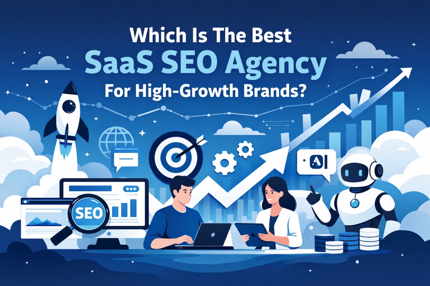 Best SaaS SEO agency banner showing high-growth brands with SEO strategy, AI visibility, analytics dashboard, and upward growth graph in a modern vector illustration style
