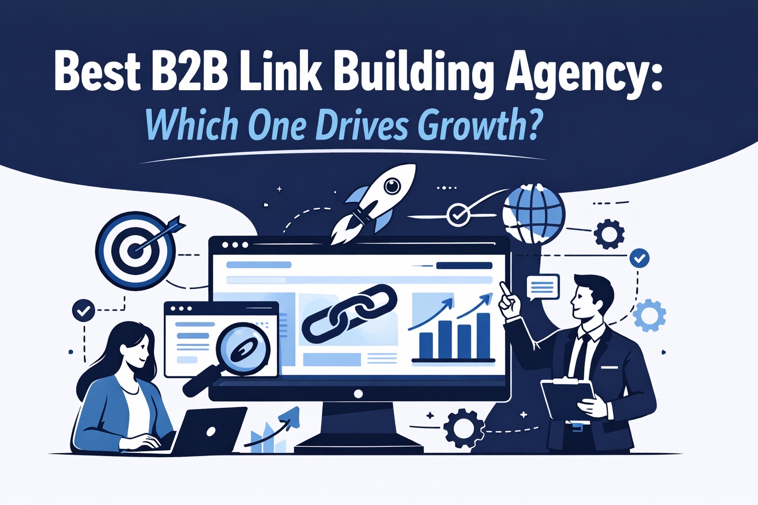 Best B2B link building agency banner showing vector illustration of SEO growth, backlinks, analytics dashboard, and business professionals analyzing link building strategy