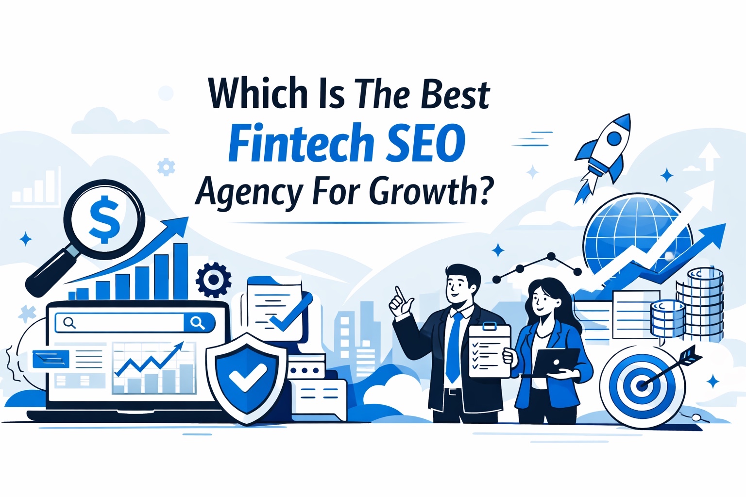 Best fintech SEO agency banner with fintech growth and SEO illustration