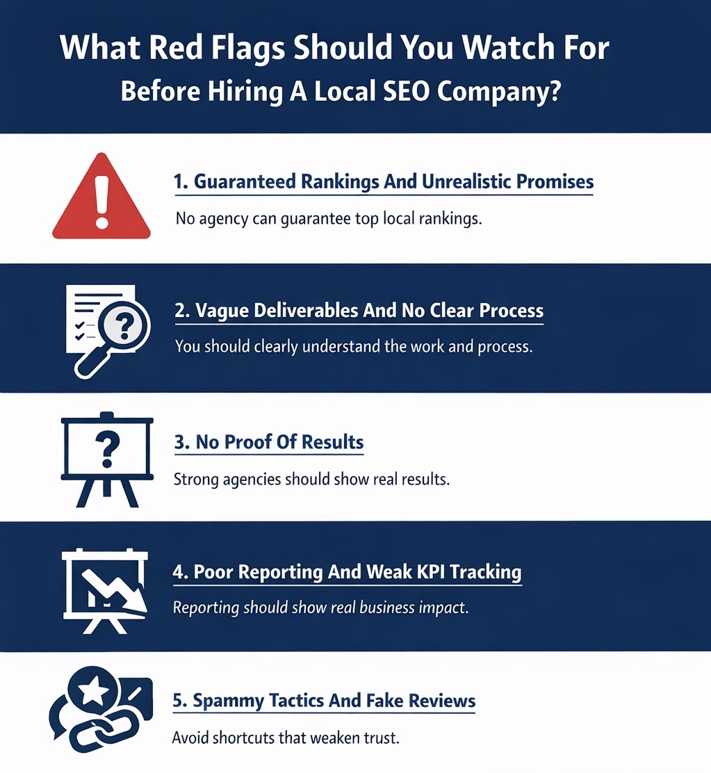 An infographic on What Red Flags Should You Watch For Before Hiring A Local SEO Company.