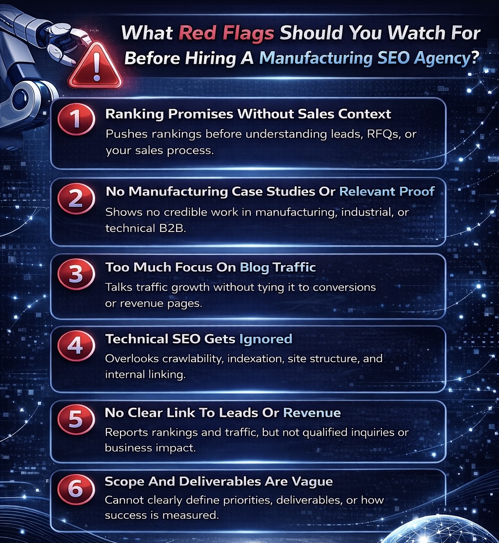 An Infographic on What Red Flags Should You Watch For Before Hiring A Manufacturing SEO Agency.