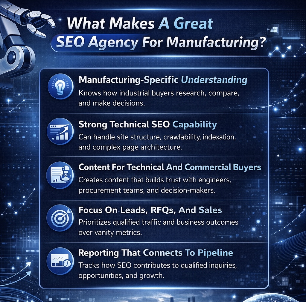 An Infographic on What Makes A Great SEO Agency For Manufacturing.