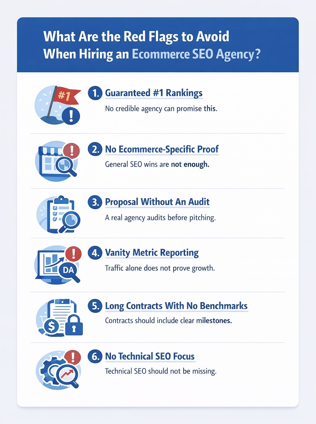 An Infographic on What Are the Red Flags to Avoid When Hiring an Ecommerce SEO Agency.