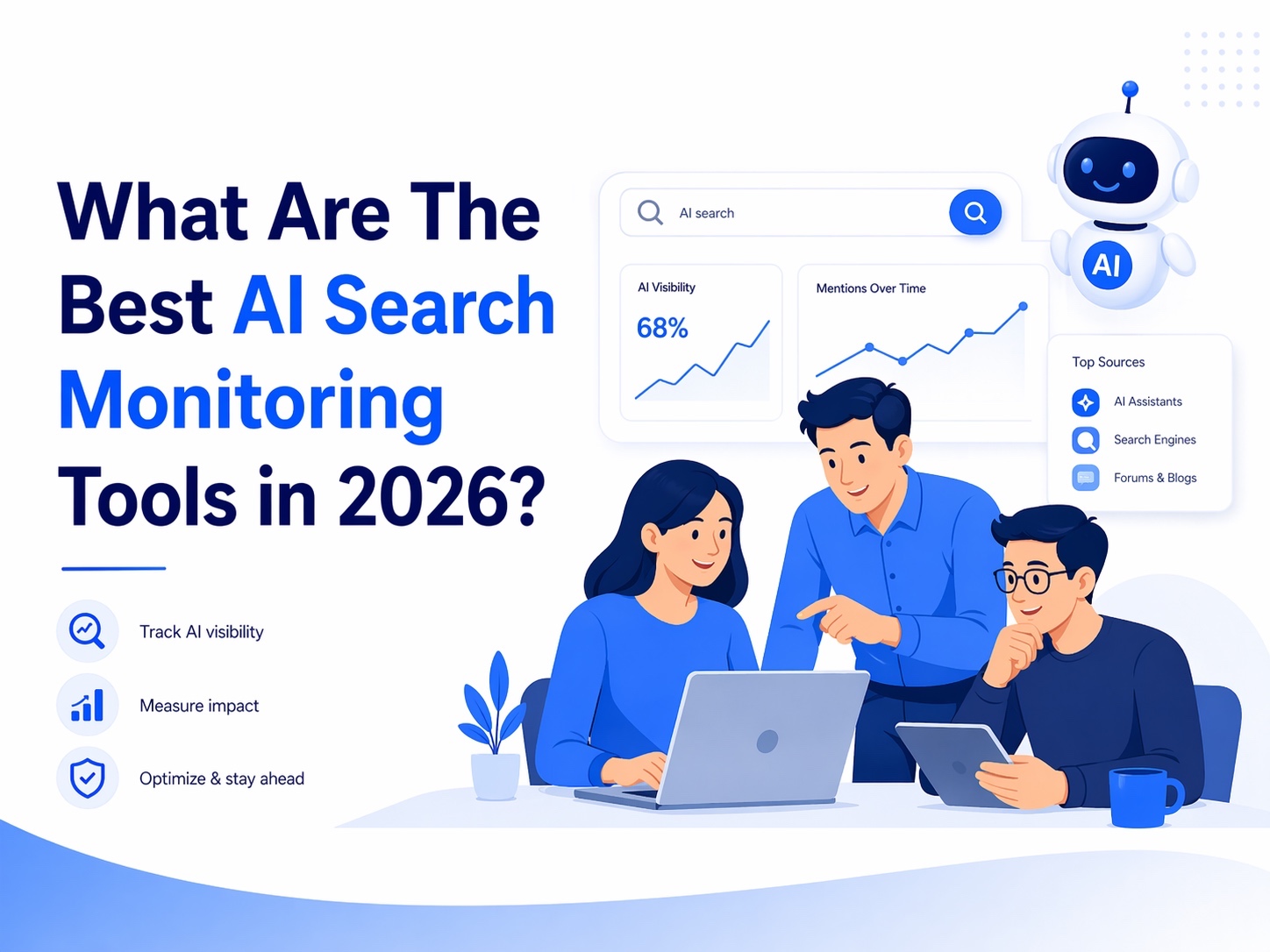 What are the best AI search monitoring tools in 2026 illustration with marketers reviewing AI visibility dashboards and search data.