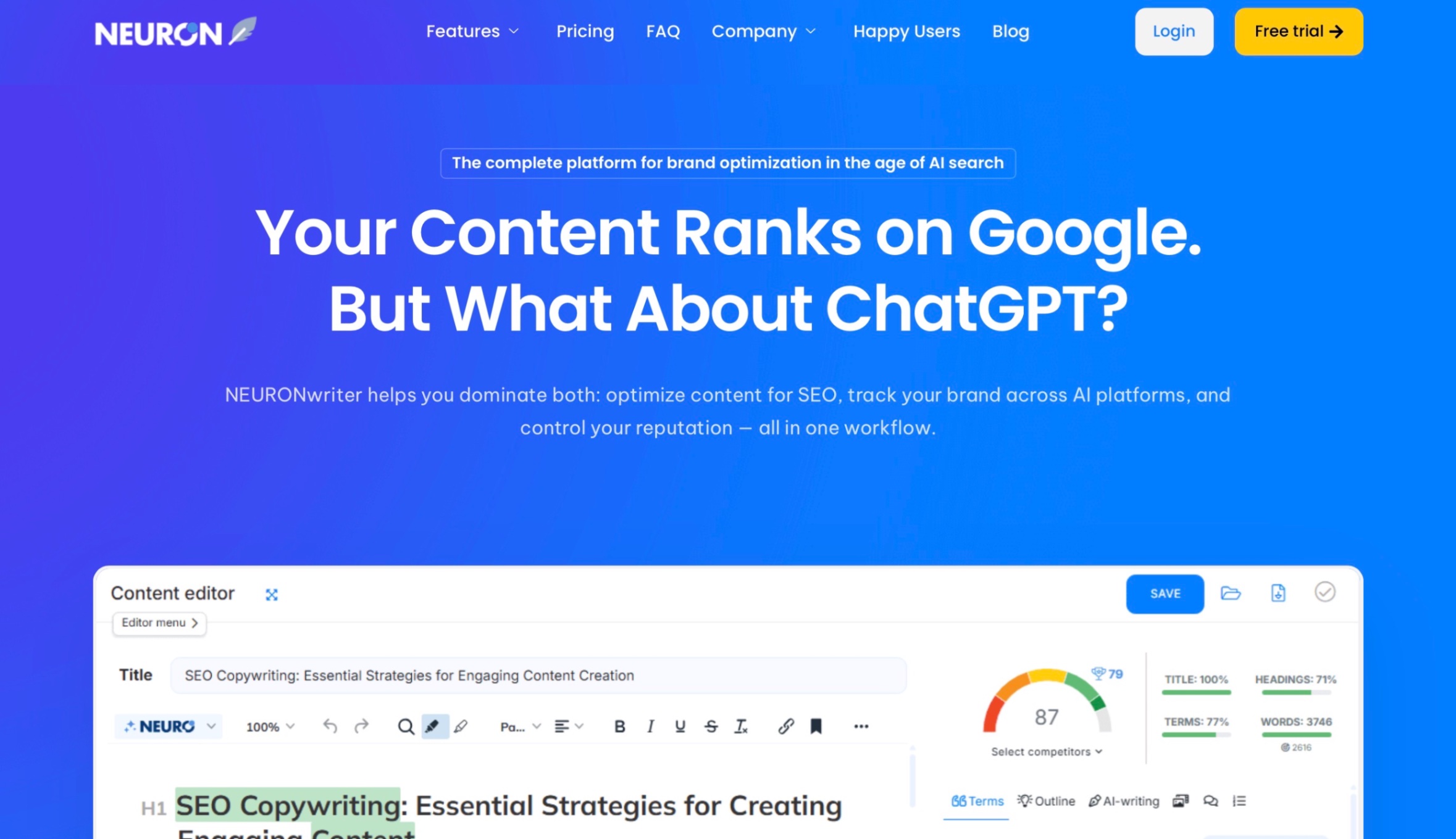 NEURONwriter Landing page screenshot