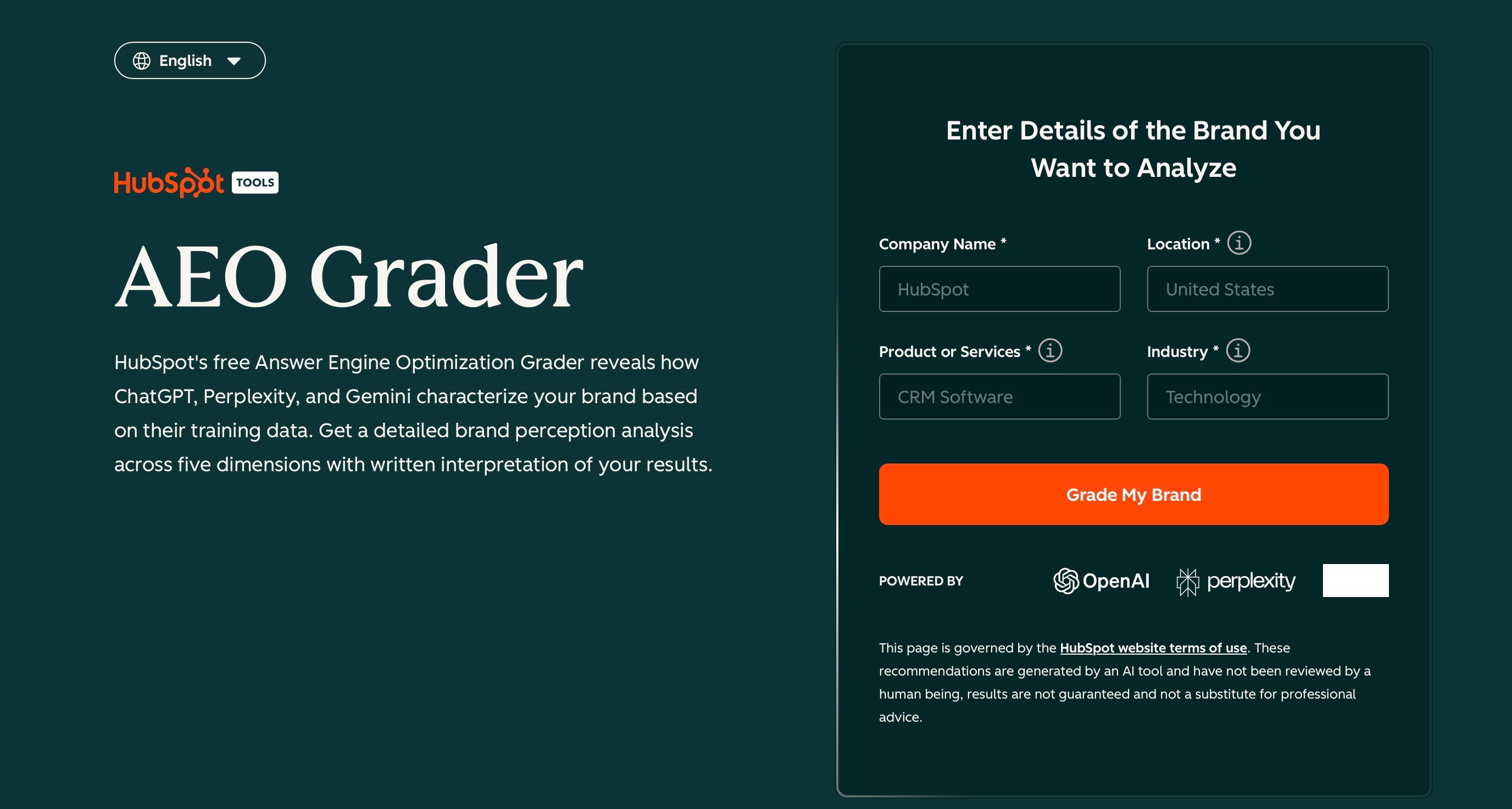 HubSpot AI Search Grader landing page screenshot