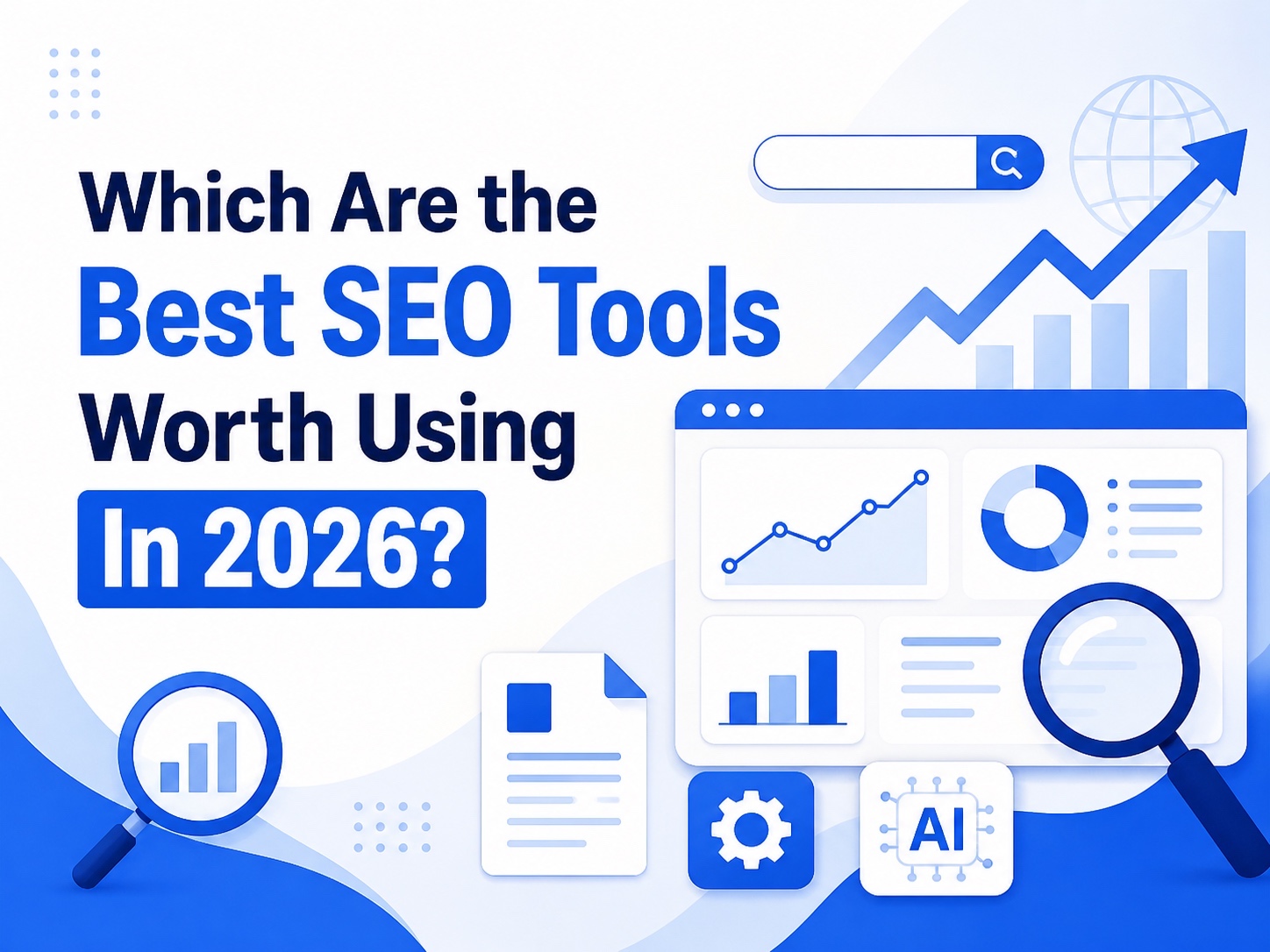 Vector illustration banner on the best SEO tools in 2026, featuring blue-and-white analytics, search, and AI elements.