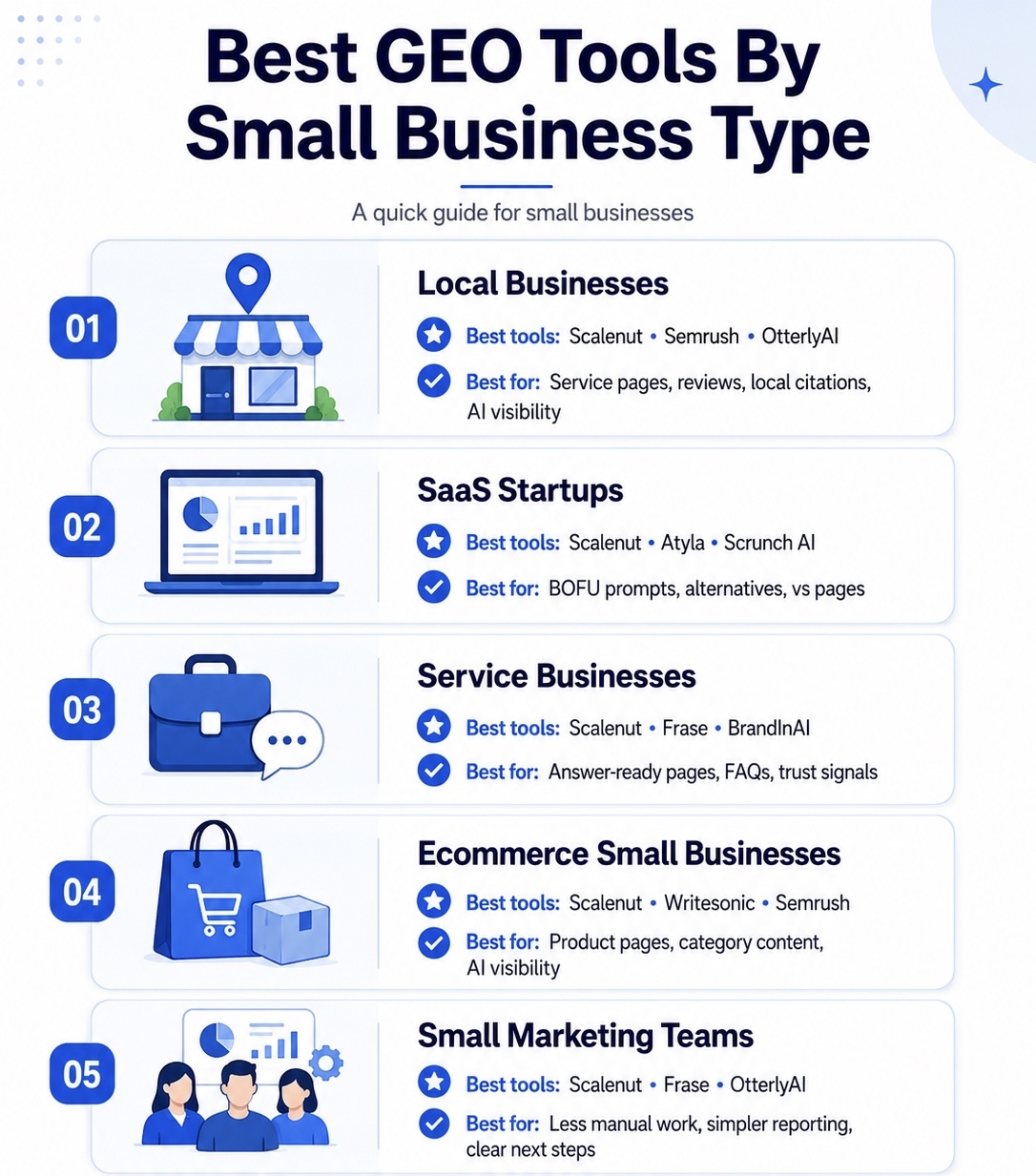 An Infographic on Which GEO Tool Is Best For Each Type Of Small Business.