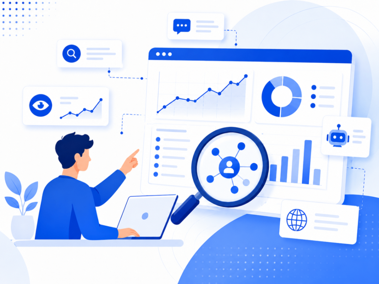 Peec AI review illustration showing AI visibility tracking, analytics dashboards, search insights, and brand monitoring in a blue and white vector style.