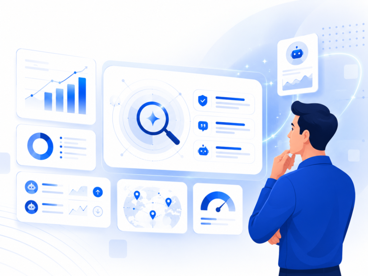 Scrunch AI review illustration showing an analyst reviewing AI visibility dashboards.