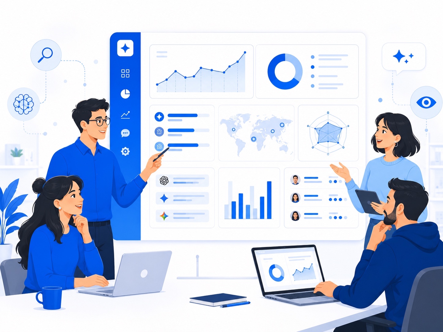 Vector illustration of a team reviewing AI visibility dashboards and GEO performance insights.