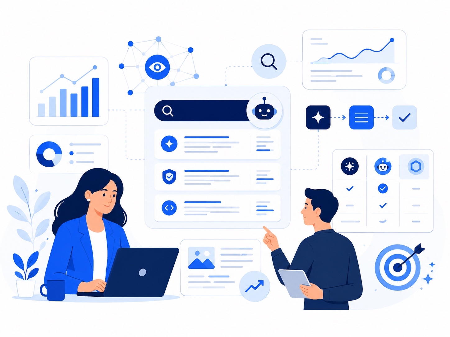 Peec AI Alternatives comparison illustration with AI visibility dashboards, content optimization icons, and marketing teams working on GEO strategy.