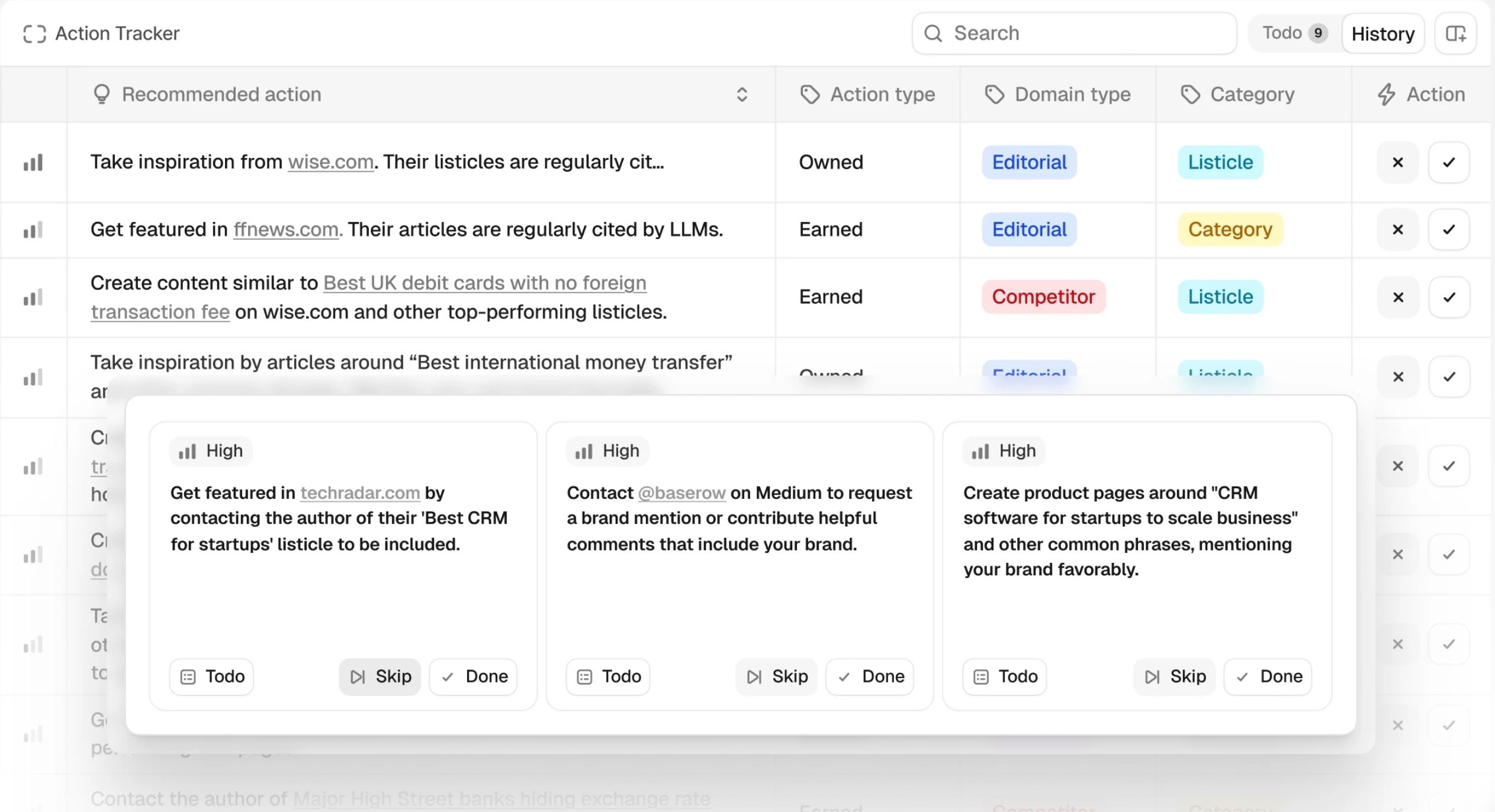 Peec AI Action Tracker showing recommended actions, action types, domain types, categories, and priority cards for improving AI visibility.