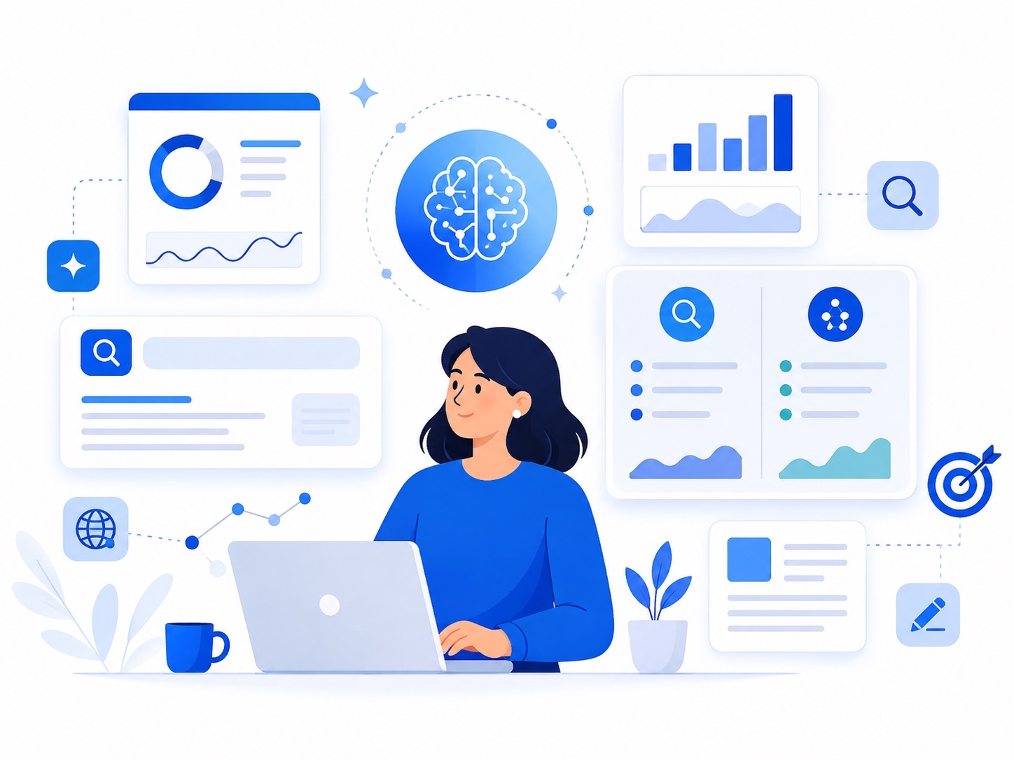 Scalenut vs Profound AI vector illustration showing a marketer working with SEO, GEO, and AI visibility dashboards.