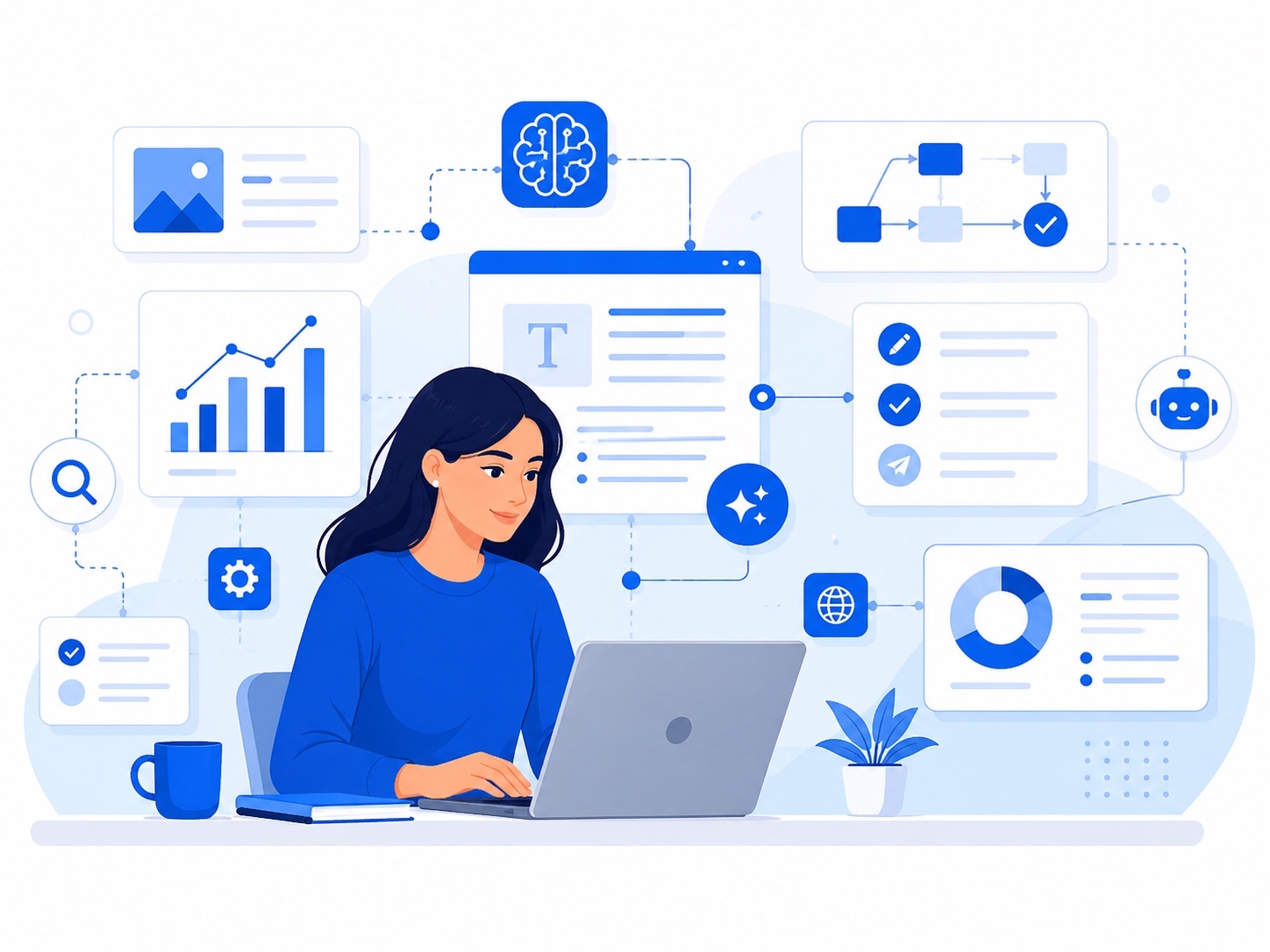 AirOps review blog banner showing AI SEO workflows, content optimization, analytics, automation, and a marketer working on a laptop.