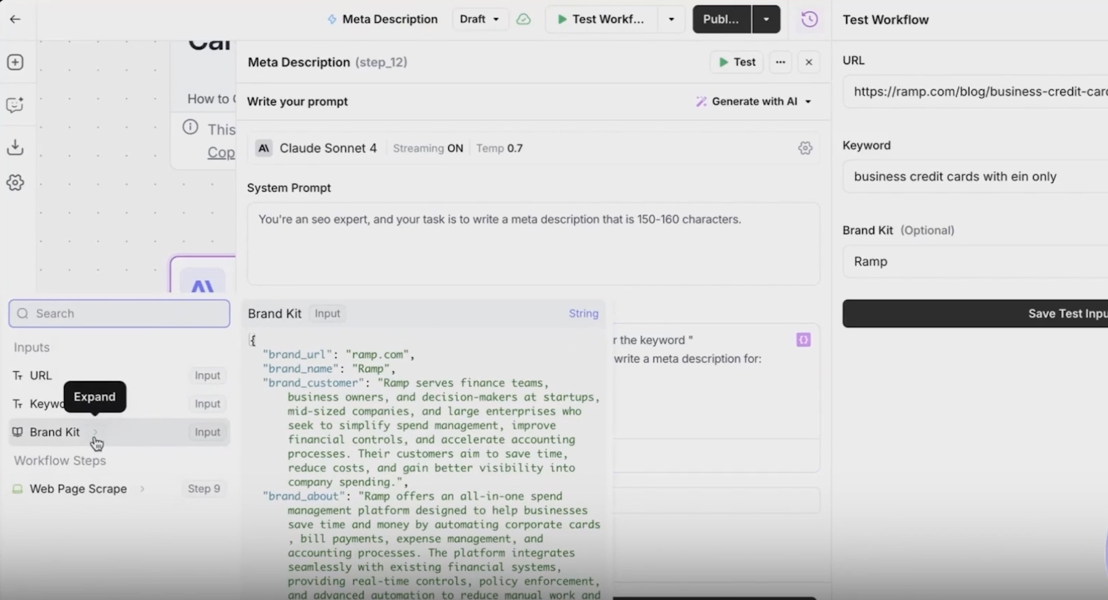 AirOps Brand Kit used in a workflow to generate SEO meta descriptions with approved brand context.