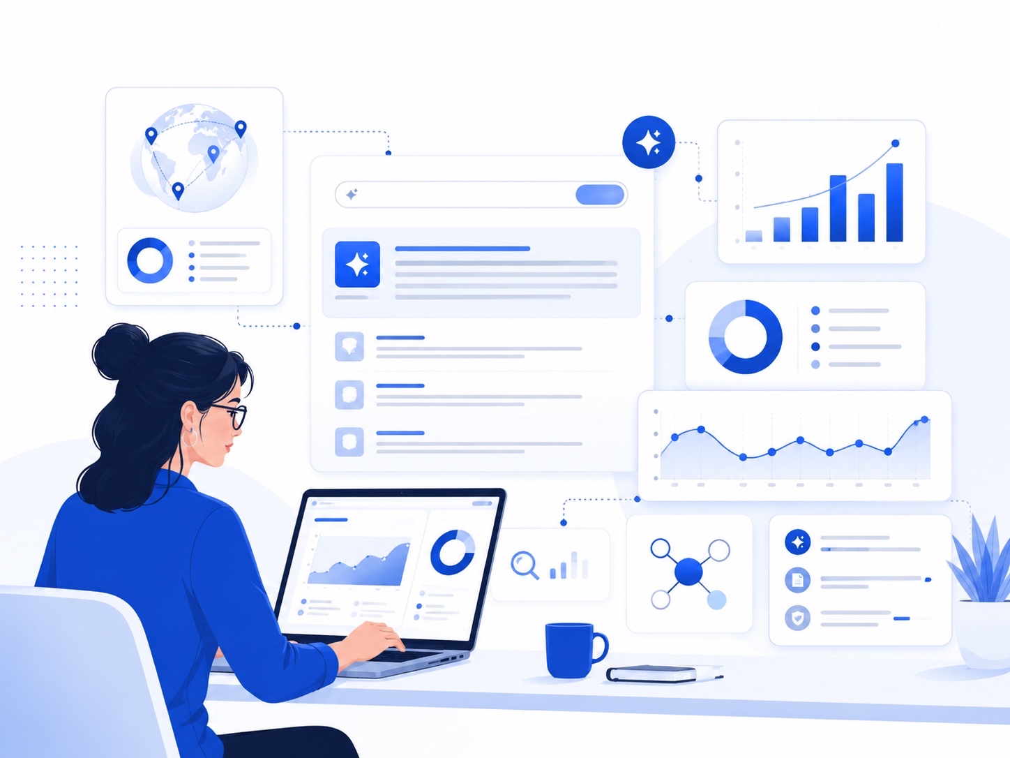 Otterly AI review banner showing a content marketer analyzing AI search visibility dashboards, charts, citations, and performance insights in a white and Scalenut blue vector illustration.