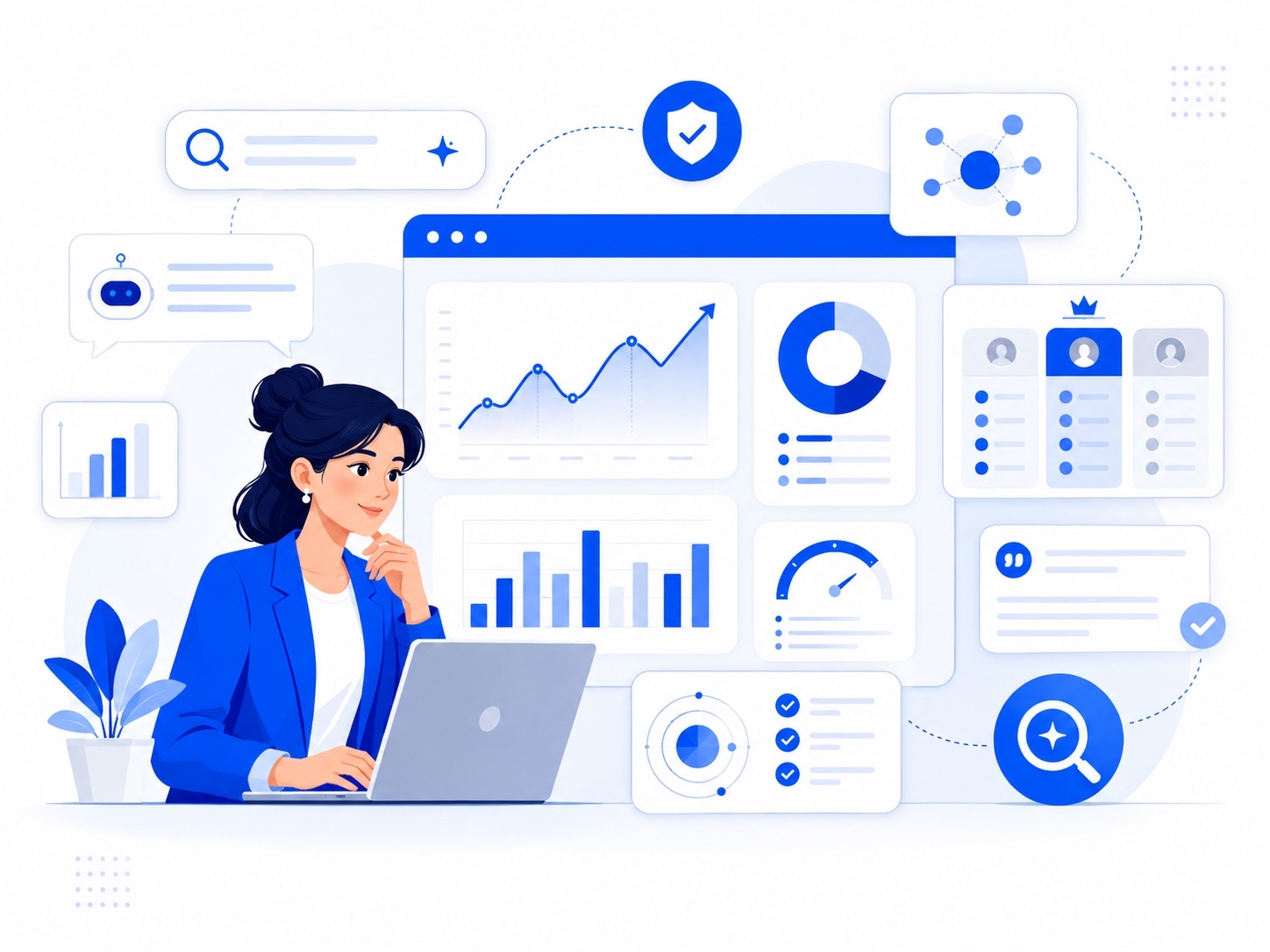 Semrush AI Toolkit Review illustration showing a marketer analyzing AI visibility dashboards, prompt insights, and search performance data.
