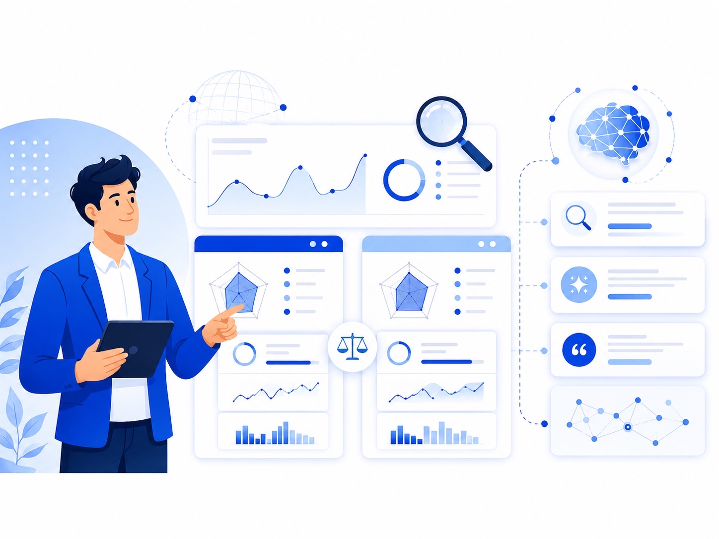 Top Otterly AI competitors illustration with a man reviewing AI visibility dashboards and analytics panels.