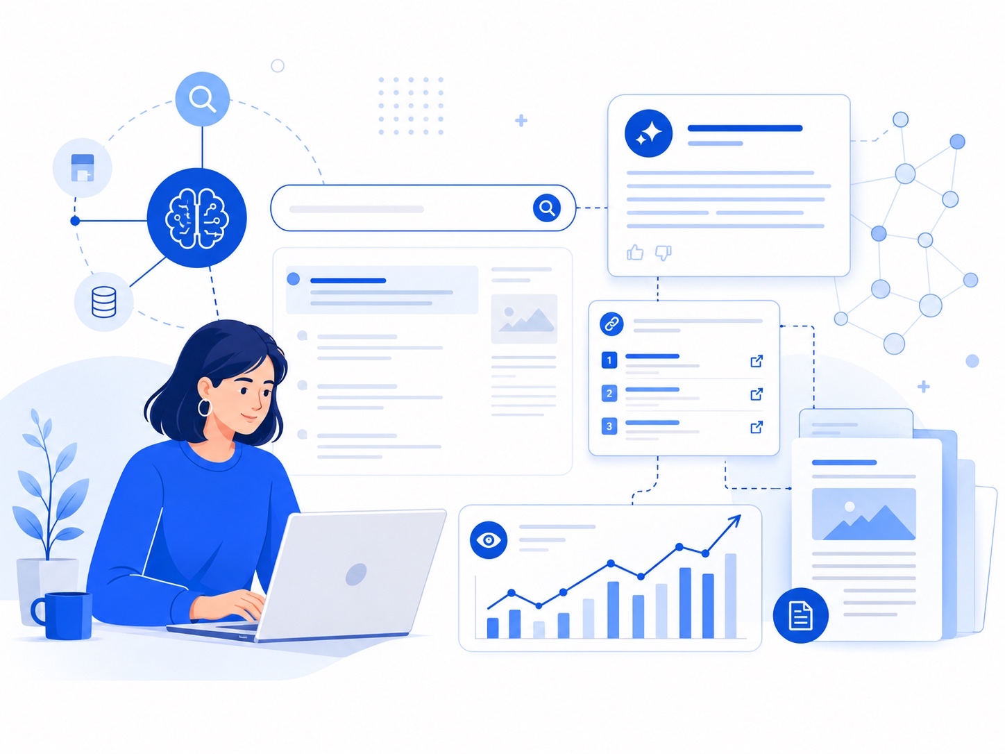 AI search optimization workflow illustration with AI visibility panels, citations, content pages, and analytics.
