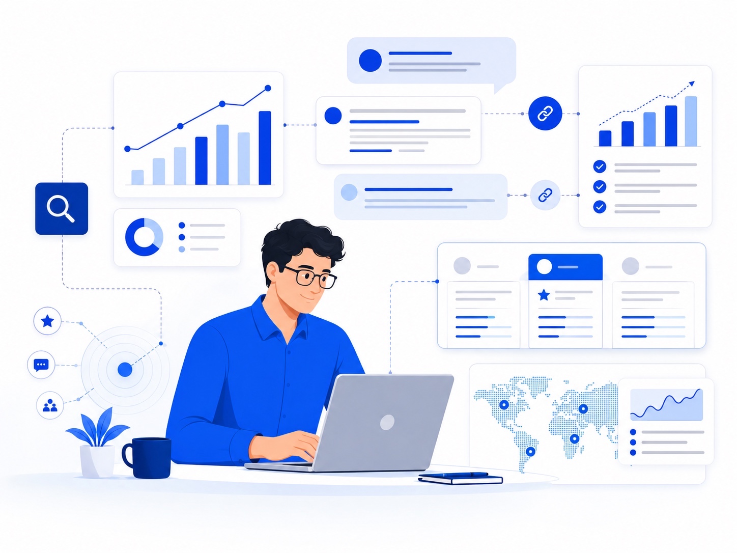 Vector illustration showing brand mentions in LLMs with AI visibility dashboards and analytics.