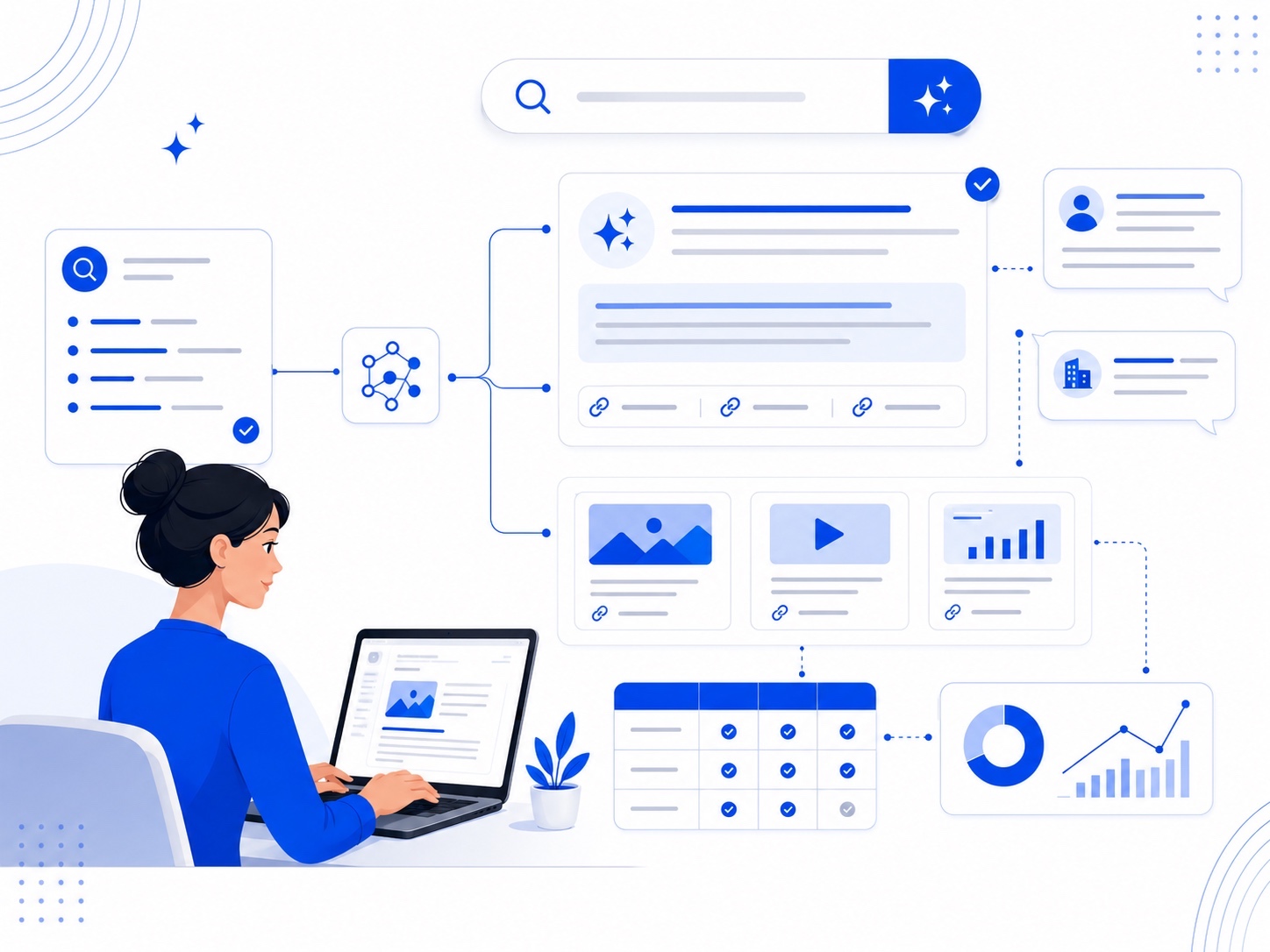 Vector illustration showing answer engine optimization with AI search panels, citations, content blocks, and analytics.
