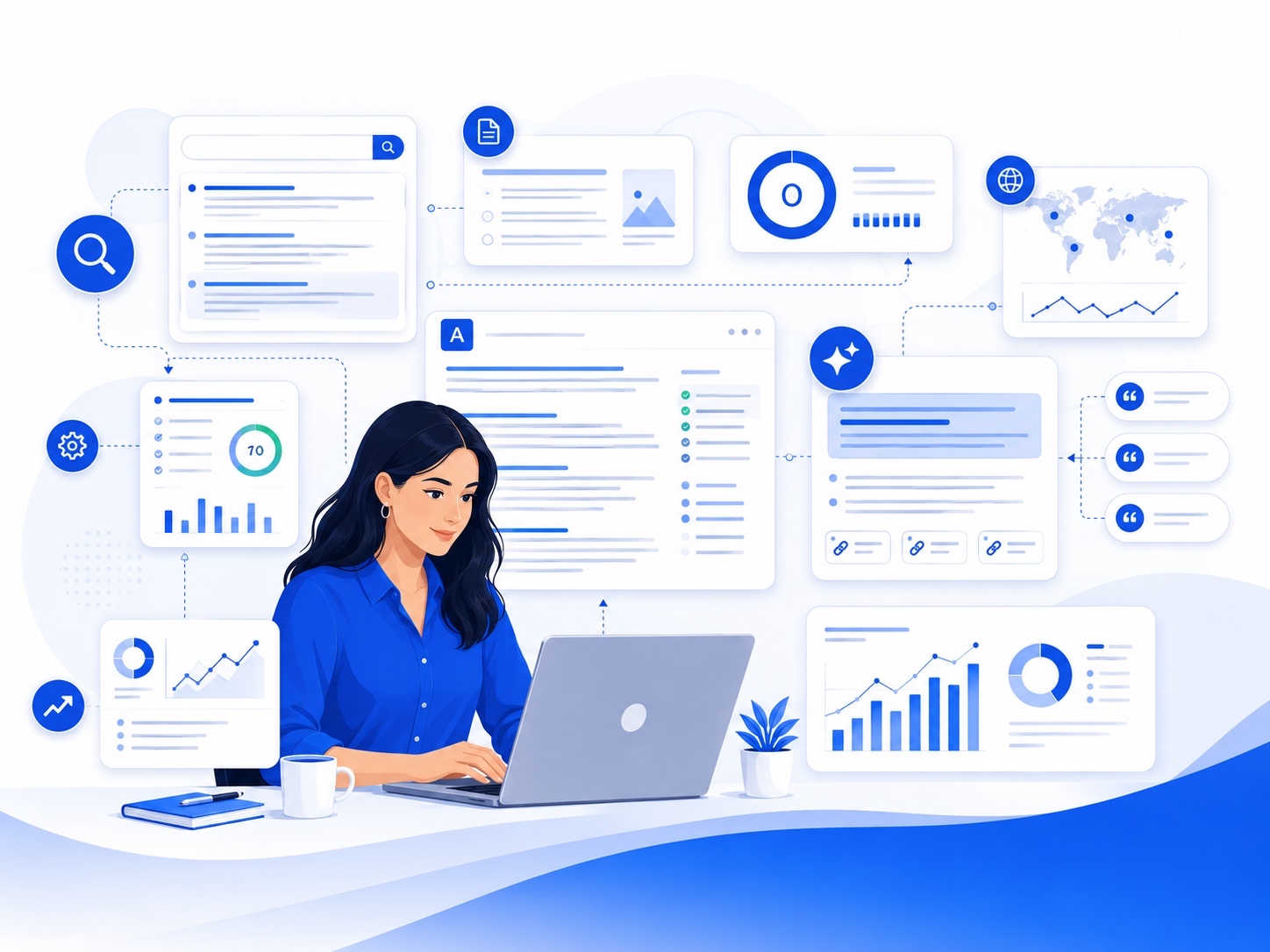 Vector illustration for a Frase review showing SEO research, content optimization, AI visibility tracking, and performance analytics.