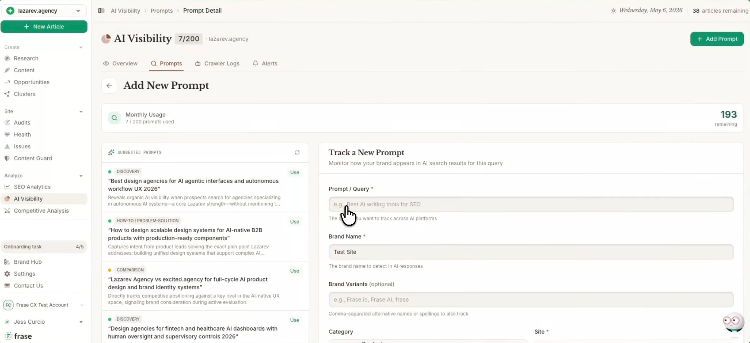 Prompts dashboard on frase screenshot
