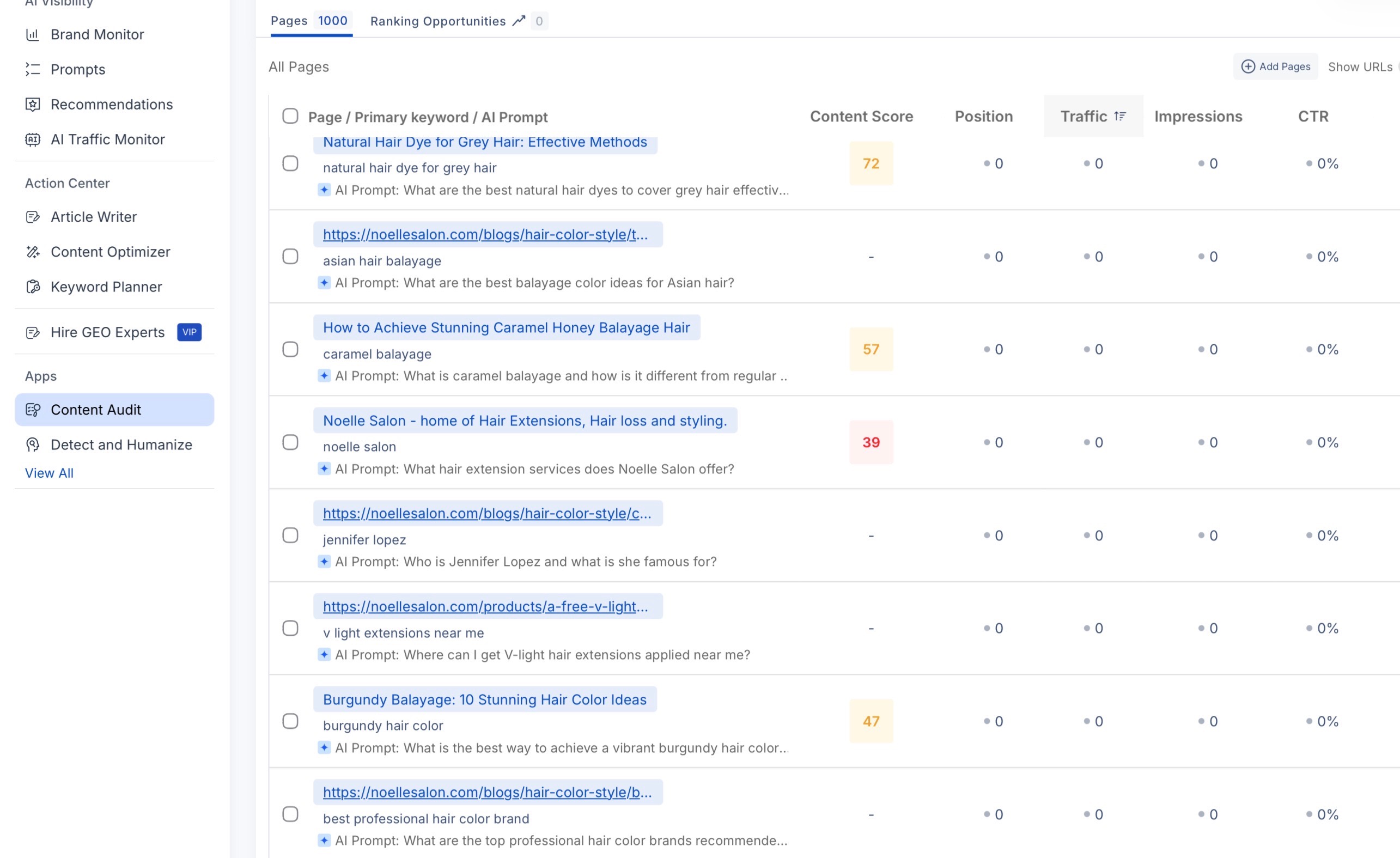 Content Audit dashboard on Scalenut