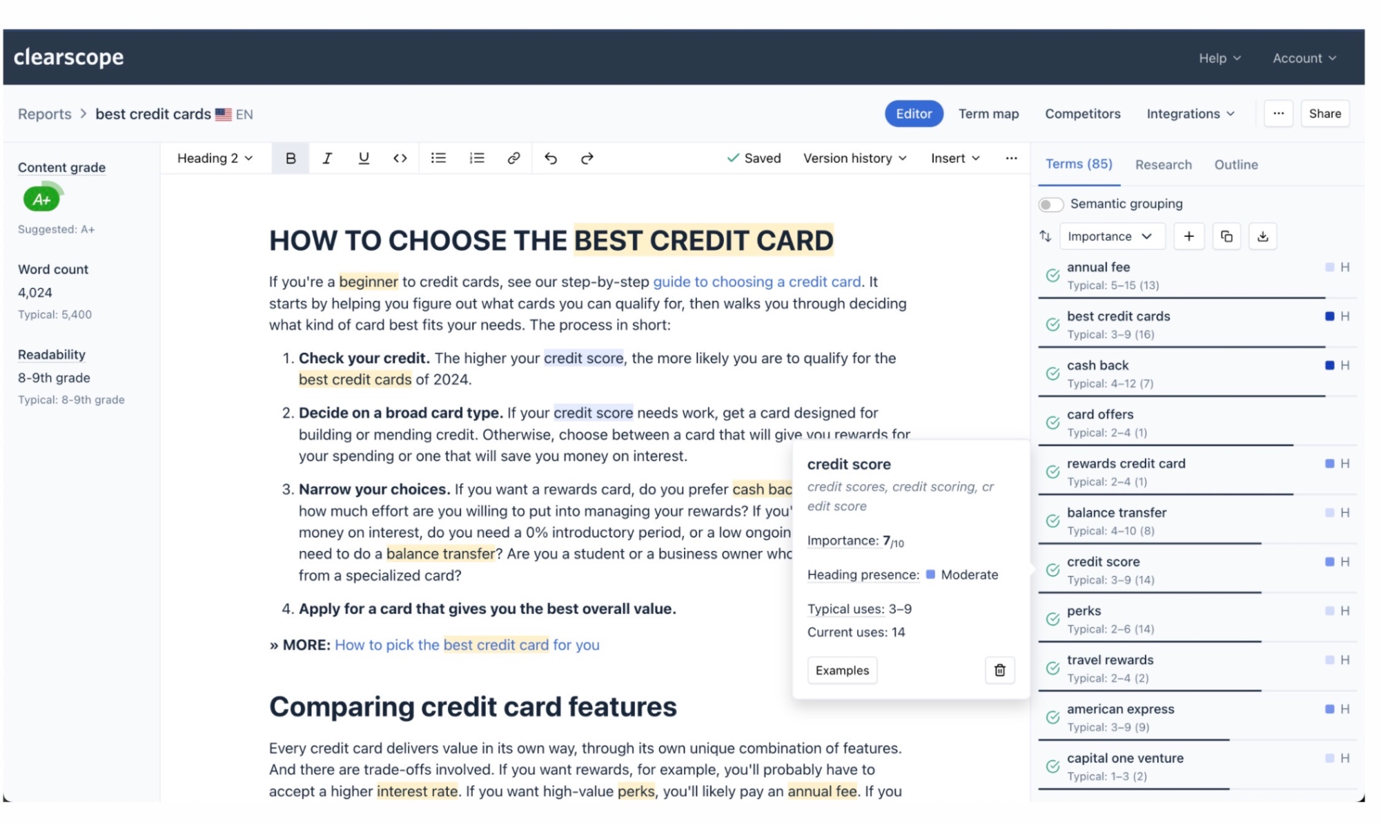 Clearscope Dashboard screenshot
