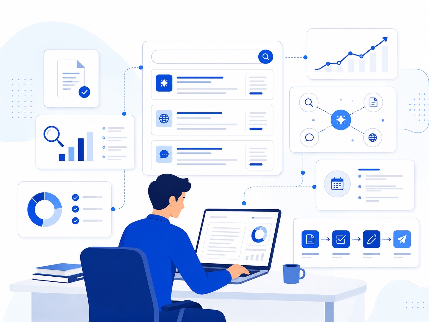Vector illustration of a marketer evaluating Frase alternatives for SEO, GEO, and AI content workflows.