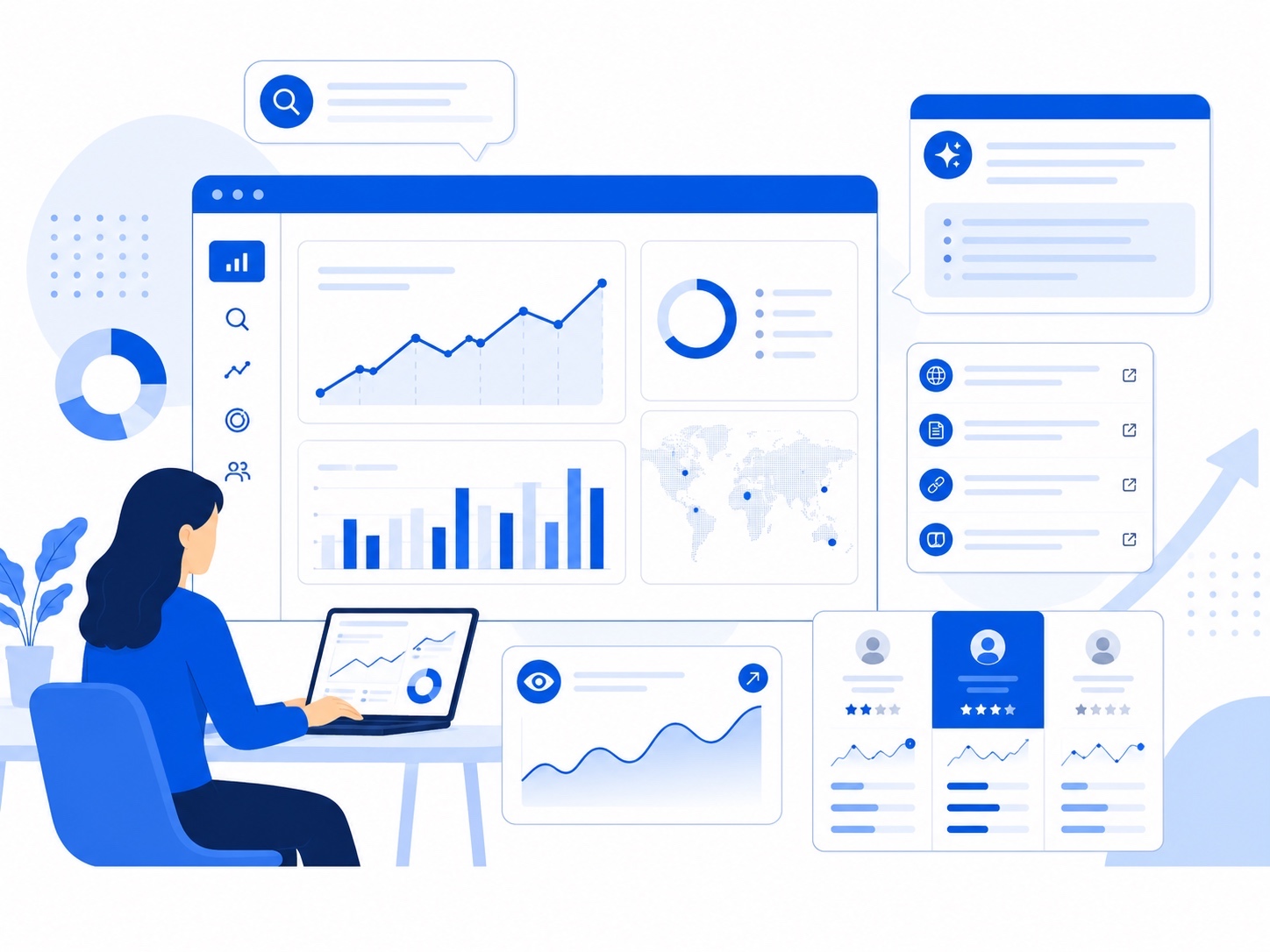 Vector illustration of ZipTie AI Search Analytics tracking brand visibility, citations, and competitors.