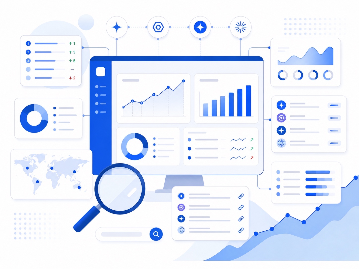 Vector illustration of AI rank tracking dashboard with charts, prompt insights, citations, and visibility analytics