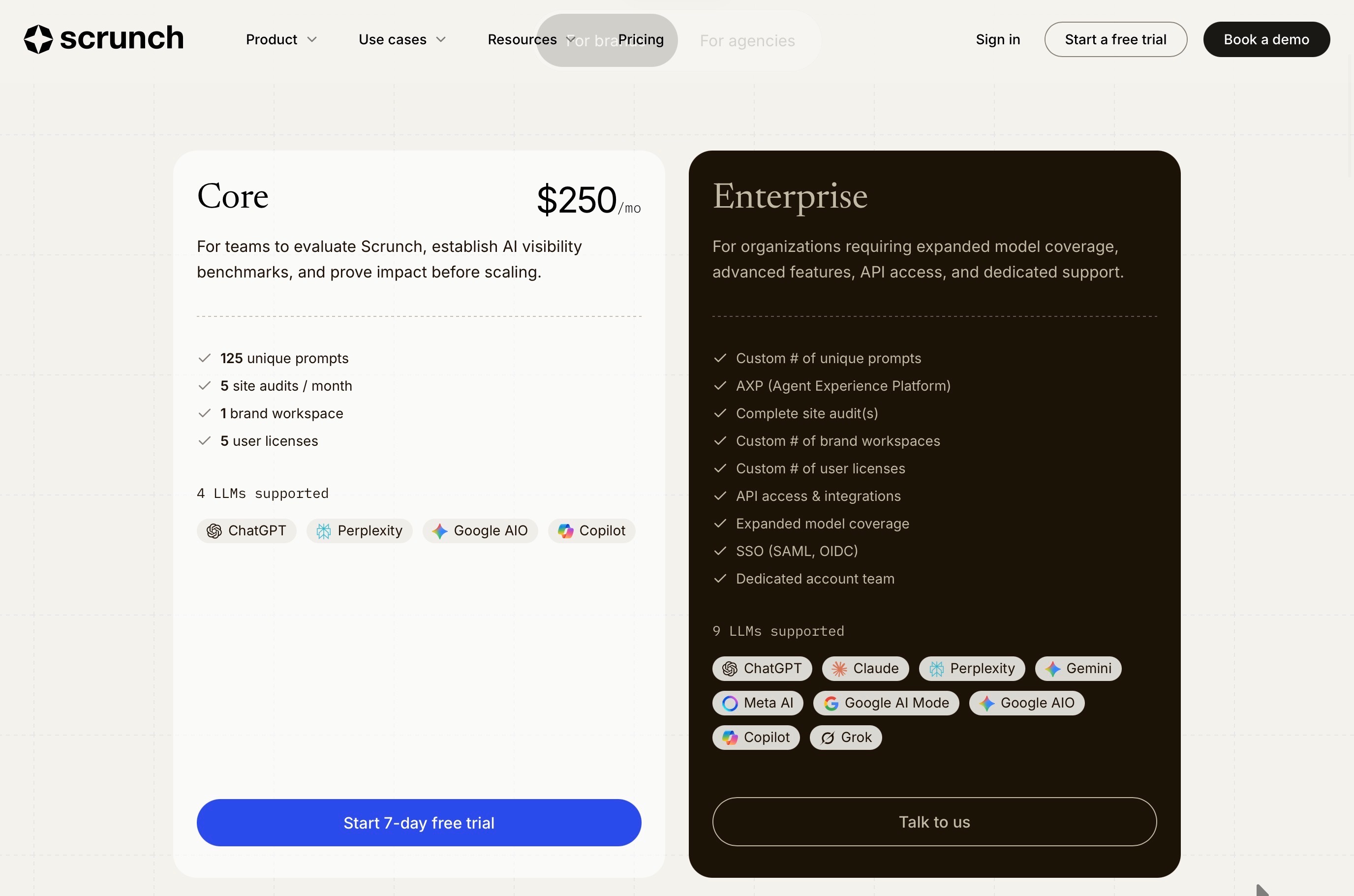 Scrunch pricing screenshot