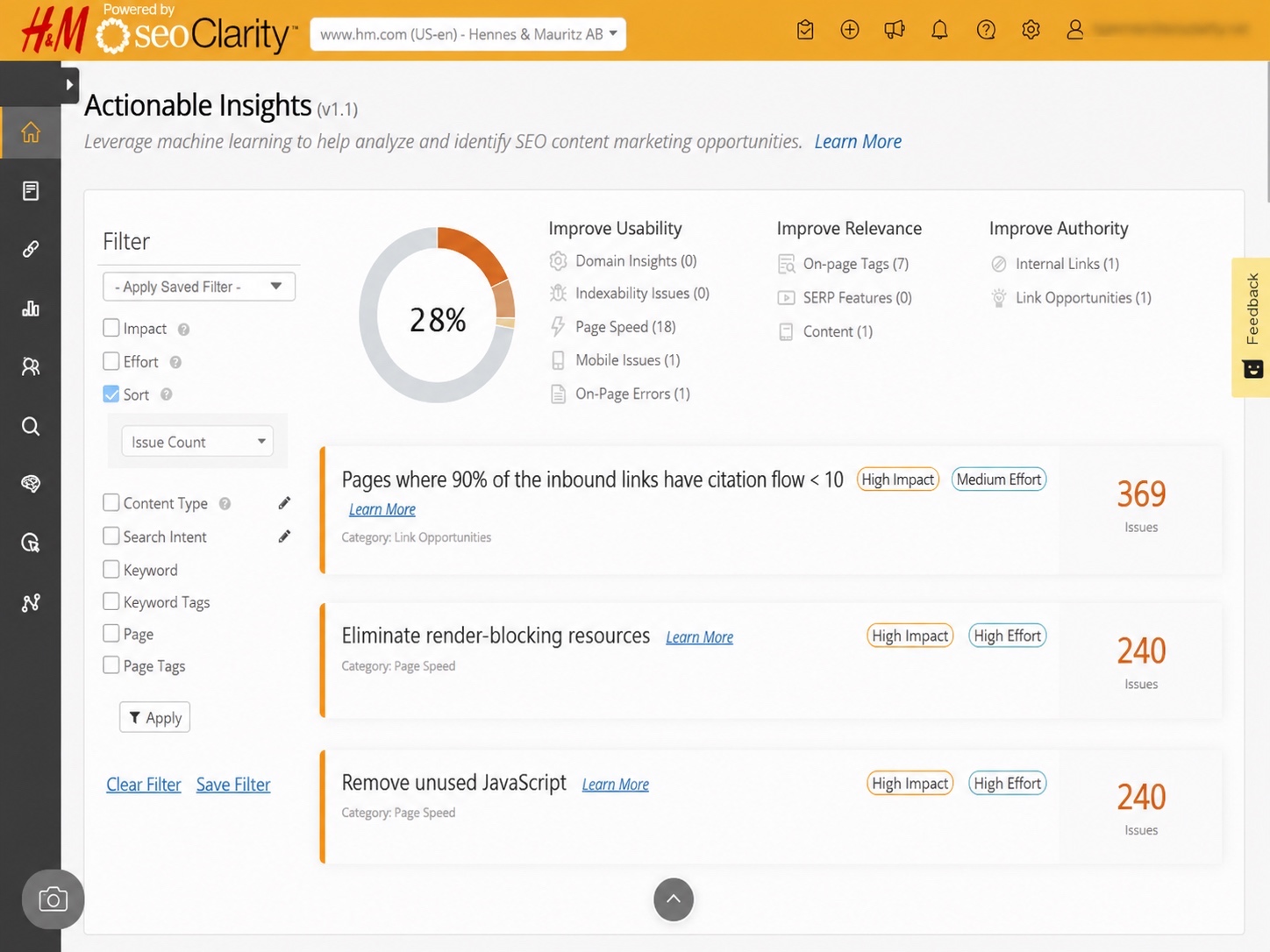 Actionable insights on seoClarity (screenshot)